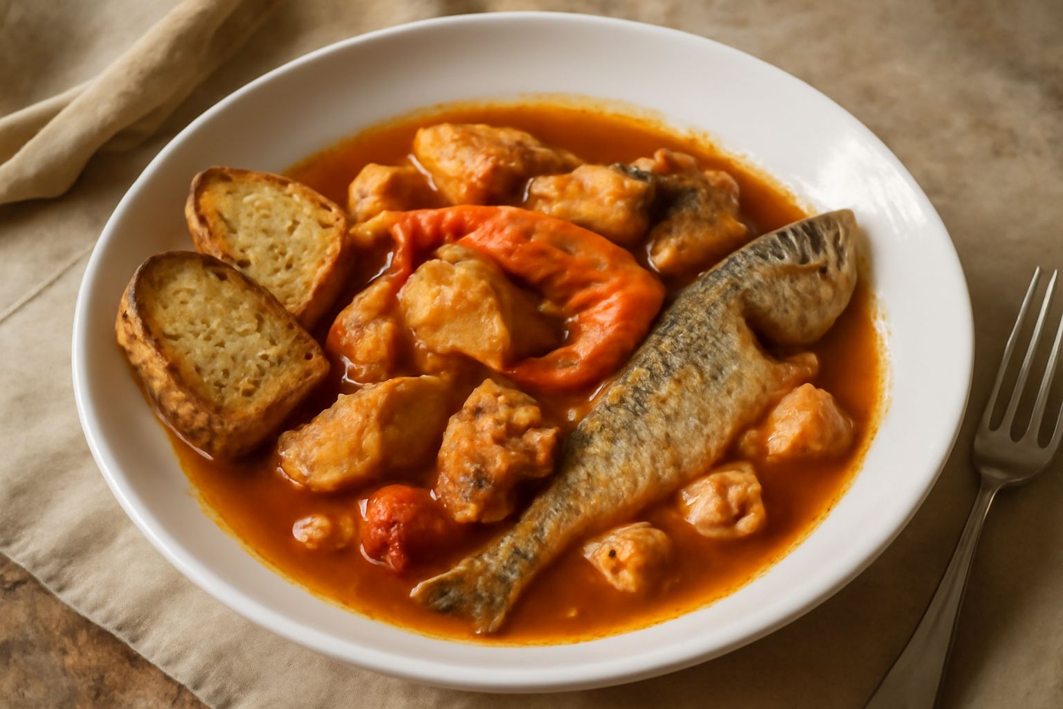 Brodetto in ciotola di ceramica bianca, brodo ambrato e denso con vari pesci interi e a pezzi, pomodoro rosso, fette di pane tostato ai lati, tavolo di legno scuro