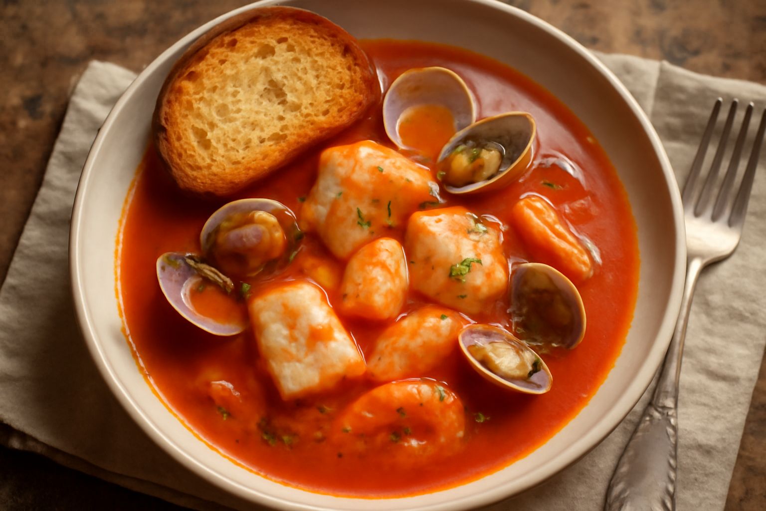 Zuppa di pesce in ciotola bianca fonda con brodo rosso chiaro, pezzi di pesce bianco e molluschi interi, guarnita con prezzemolo fresco, servita con fette di pane tostato ai lati