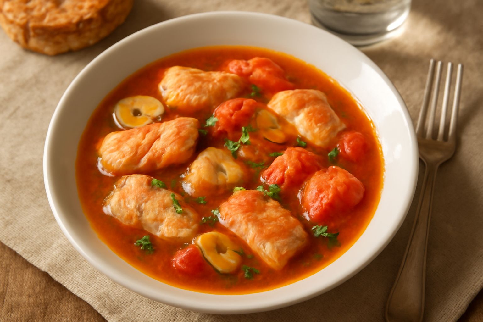 Una ciotola fonda di brodetto con pesce misto bianco e rosa, pomodori rossi interi e affettati, aglio dorato, in brodo rosso chiaro con pezzi di pane tostato ai lati