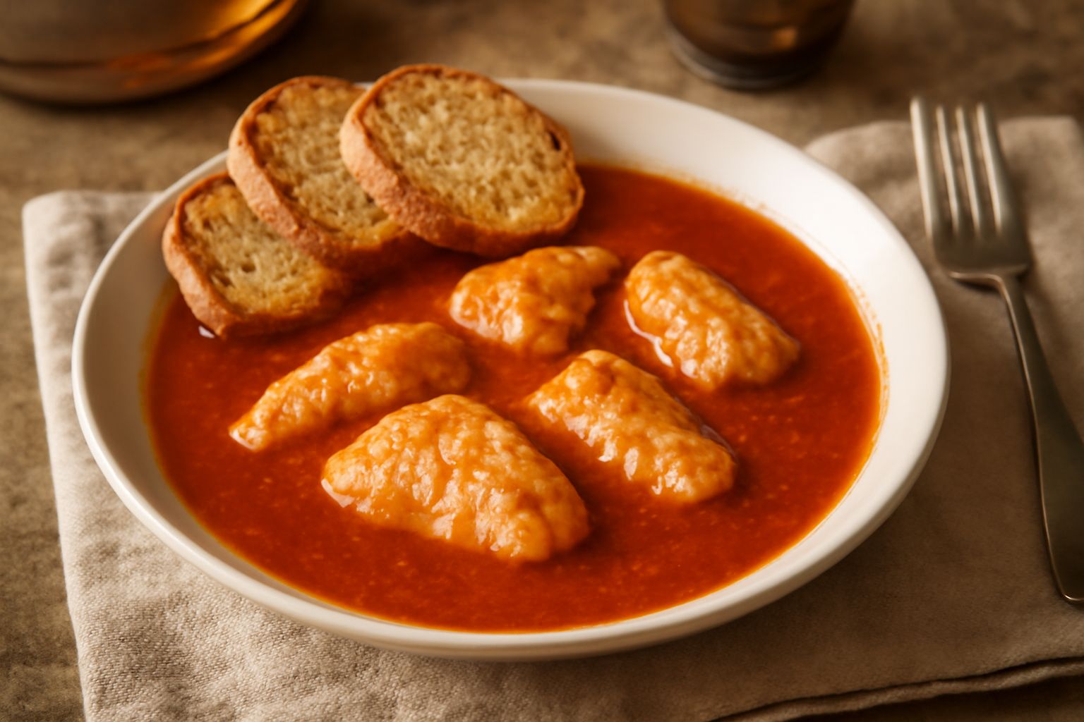 Brodetto alla sulmonese in una ciotola bianca con brodo rosso, pezzi di pesce bianco, pomodoro, aglio e prezzemolo fresco, accompagnato da fette di pane tostato ai bordi