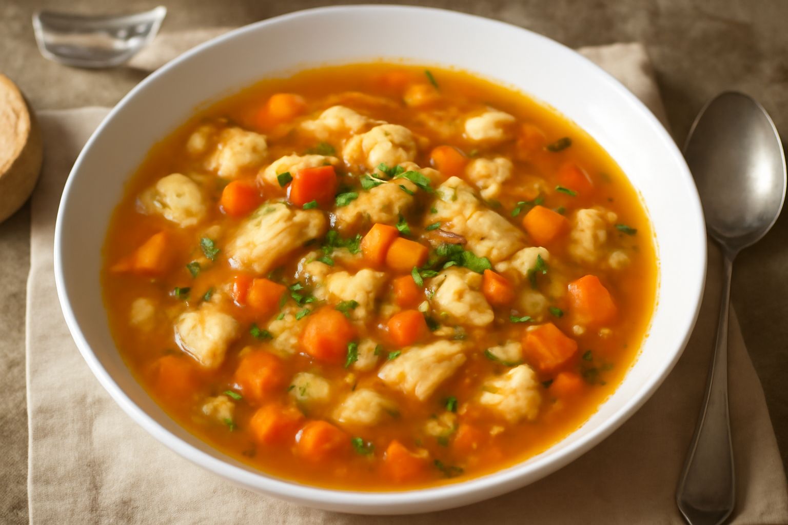 Brodetto alla teramana in una ciotola bianca: brodo trasparente color ambra con pezzi di pesce bianco, verdure tagliate a dadini, pomodoro rosso e prezzemolo verde fresco in superficie