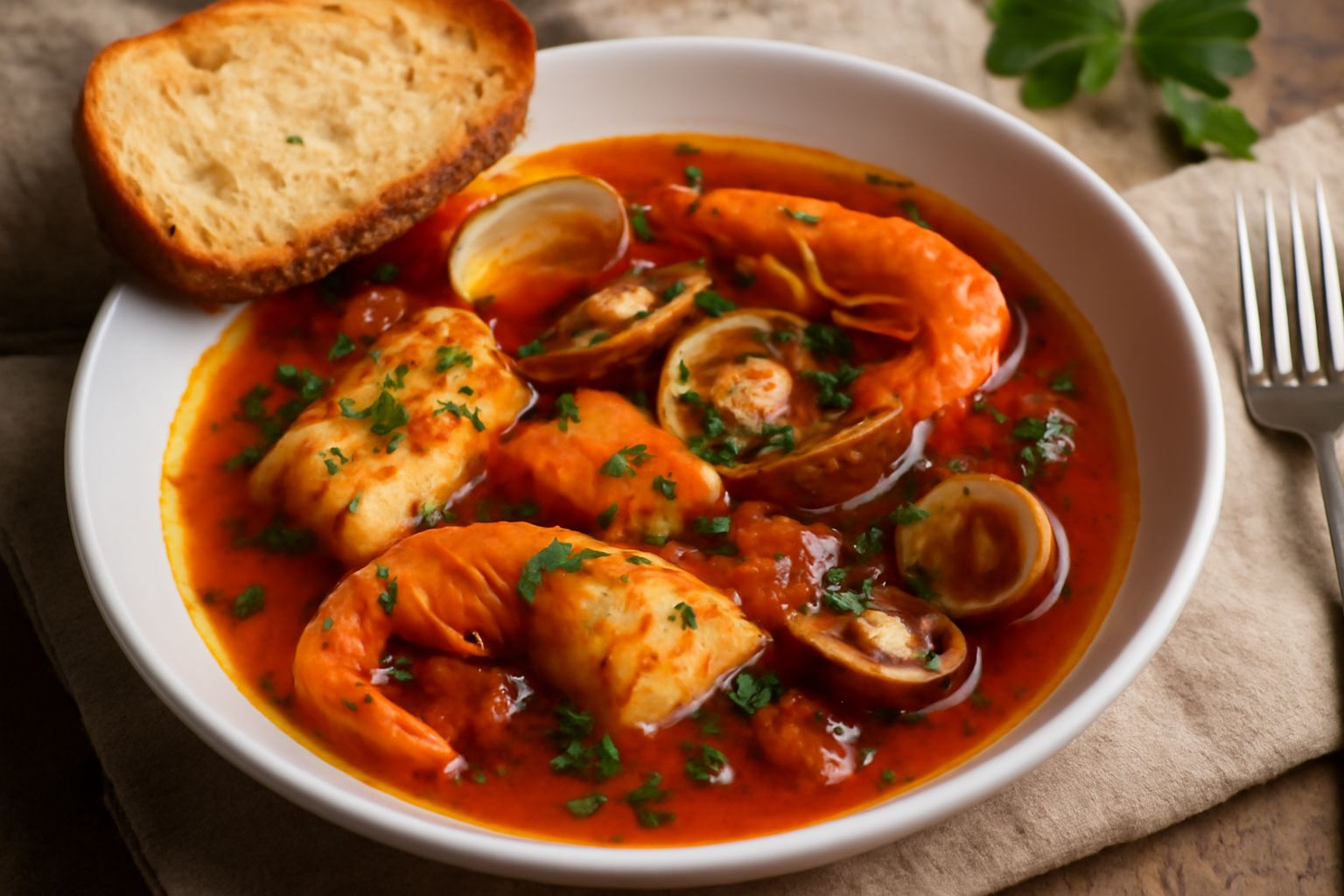 Brodetto alla vastese in ciotola fonda bianca con brodo rosso intenso, pezzi di pesce bianco e molluschi, prezzemolo fresco, pane tostato accanto nel piatto