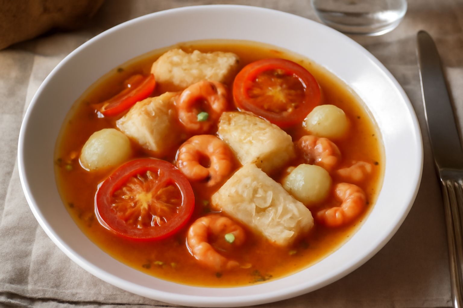 Ciotola di brodetto alla veneziana con brodo trasparente ambrato, pezzi di pesce bianco, gamberetti, pomodori rossi, cipolla e prezzemolo fresco sparso in superficie su piatto di ceramica bianca