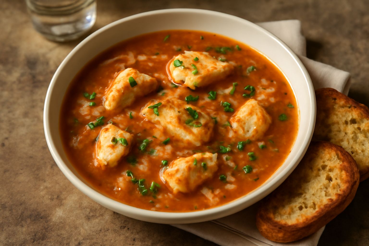 Brodetto all'ascolana in ciotola bianca fonda con pesce misto visibile nel brodo rosato, guarnito con prezzemolo fresco tritato, accompagnato da fette di pane abbrustolito sul lato