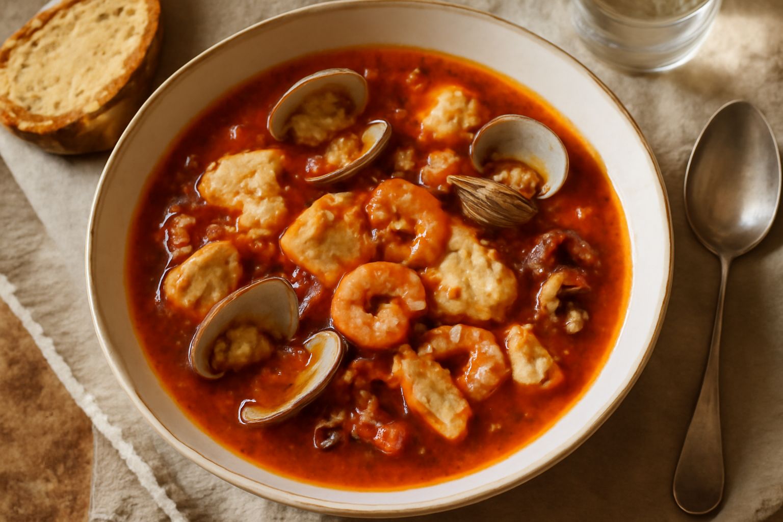 Brodetto amalfitano in ciotola bianca profonda, brodo rosso scuro con pezzi di pesce bianco, vongole aperte, gamberetti rosa, fette di pane tostato a lato, basilico fresco verde in superficie, tavolo 