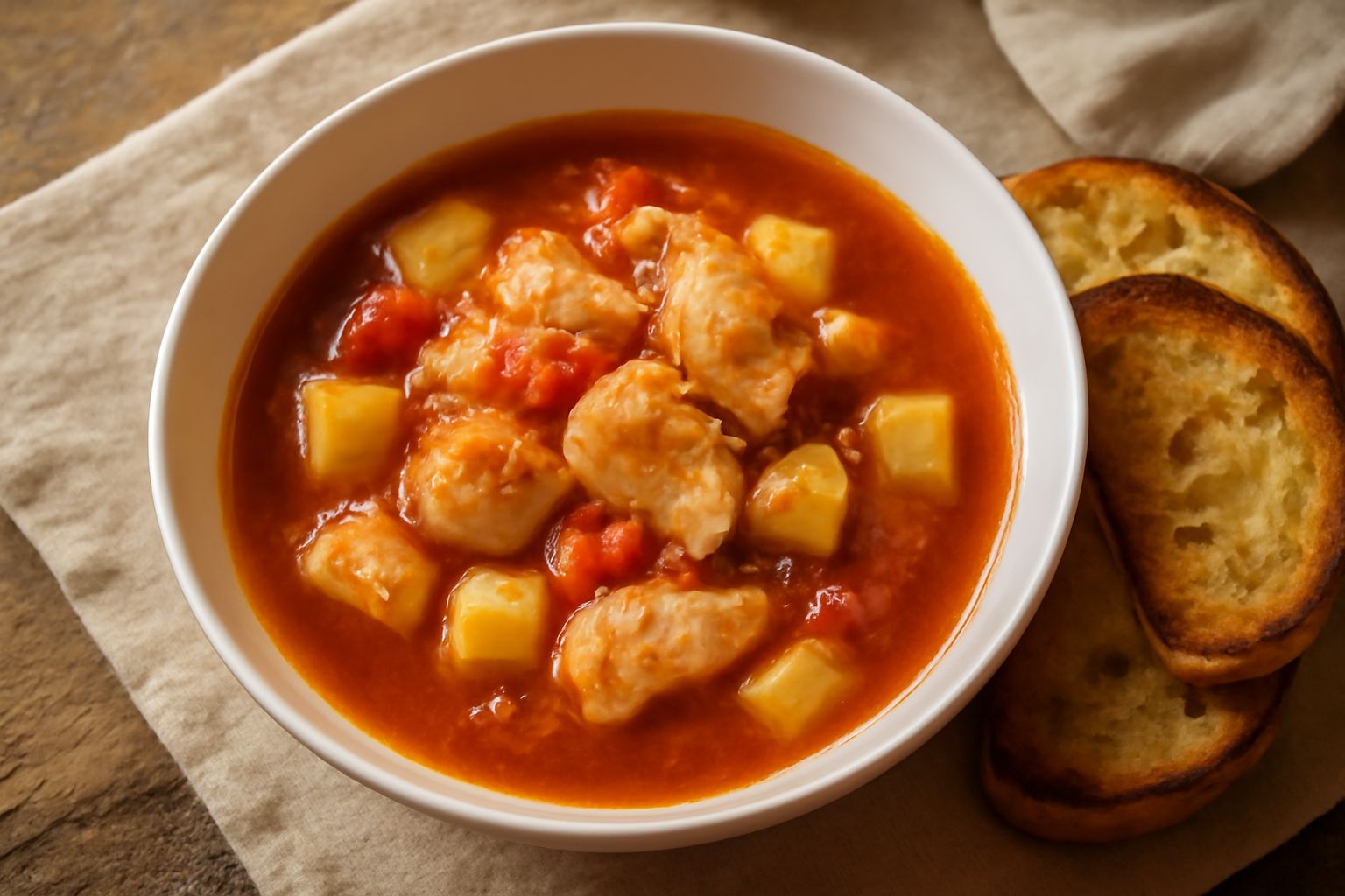 Brodetto ascolano in una ciotola di ceramica bianca, visibile il brodo rosso scuro con pezzi di pesce bianco, patate e pomodoro, accompagnato da pane tostato ai lati