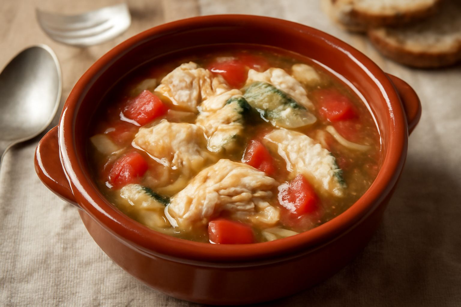 Una terrina di brodetto barese con pesce misto, dadi di pomodoro rosso, brodo trasparente ambrato, fette di pane tostato sul bordo, prezzemolo fresco verde spolverato, piatto bianco in primo piano