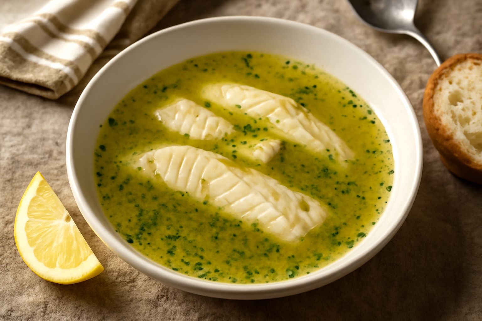 Una ciotola di porcellana bianca contiene brodetto bianco di pesce con filetti di pesce bianchi semitrasparenti in un brodo limpido e chiaro, una fetta di limone gialla al centro, prezzemolo verde fre