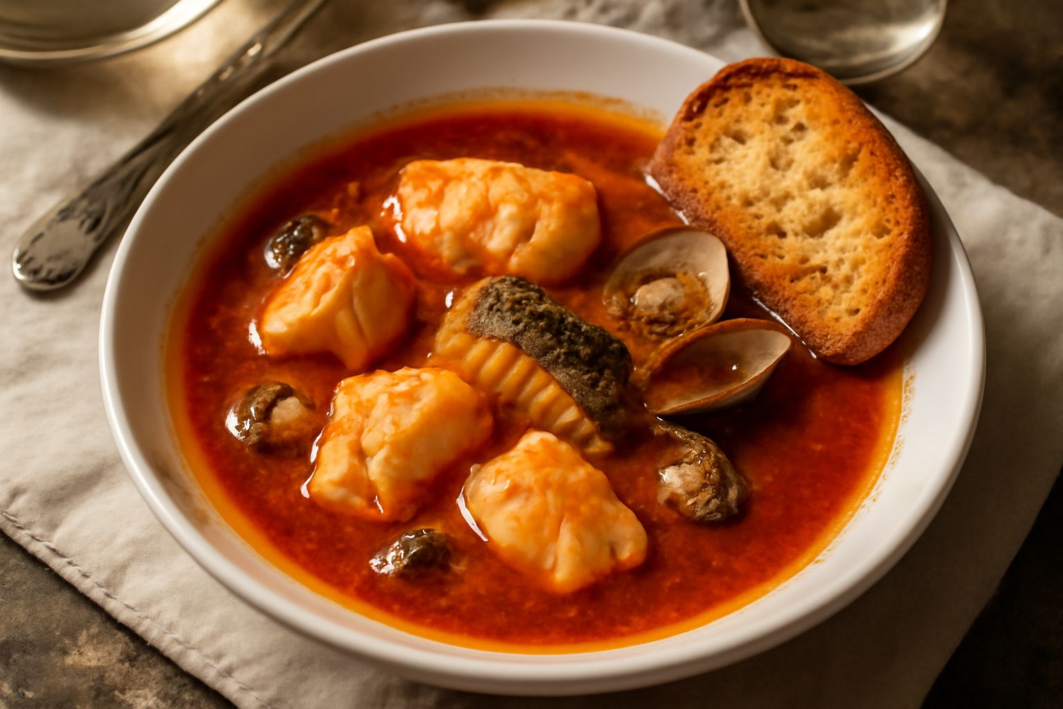 Zuppa di pesce in ciotola bianca, con brodo rosso-arancio da pomodori, pezzi di pesce bianco e altri frutti di mare, accompagnata da fettine di pane tostato sul piatto