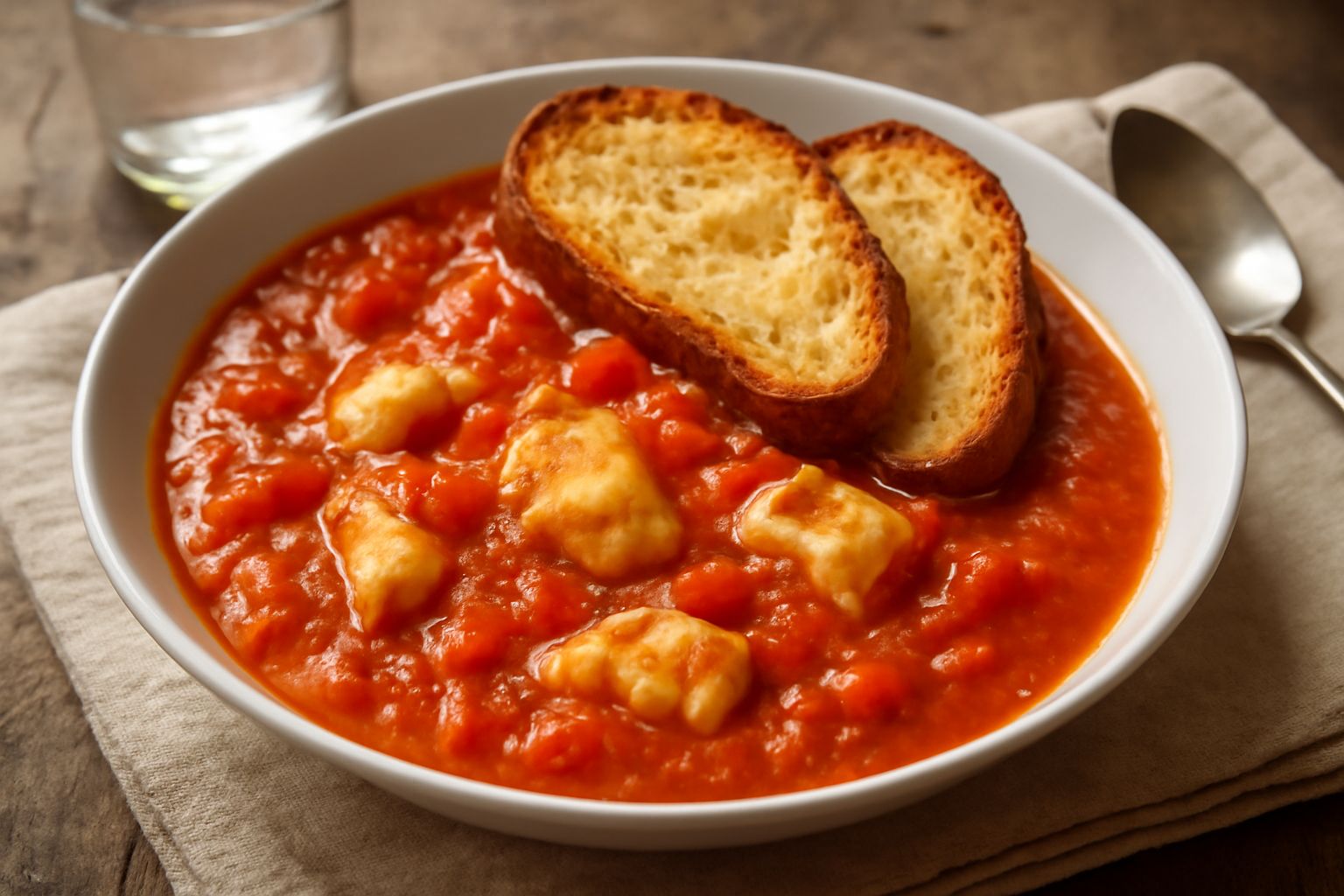 Ciotola di ceramica bianca con brodetto cefalutese: liquido rosso-arancio denso, pezzi di pesce bianco, pomodori frammentati, fette di pane tostato galleggianti, guarnizione di prezzemolo verde fresco
