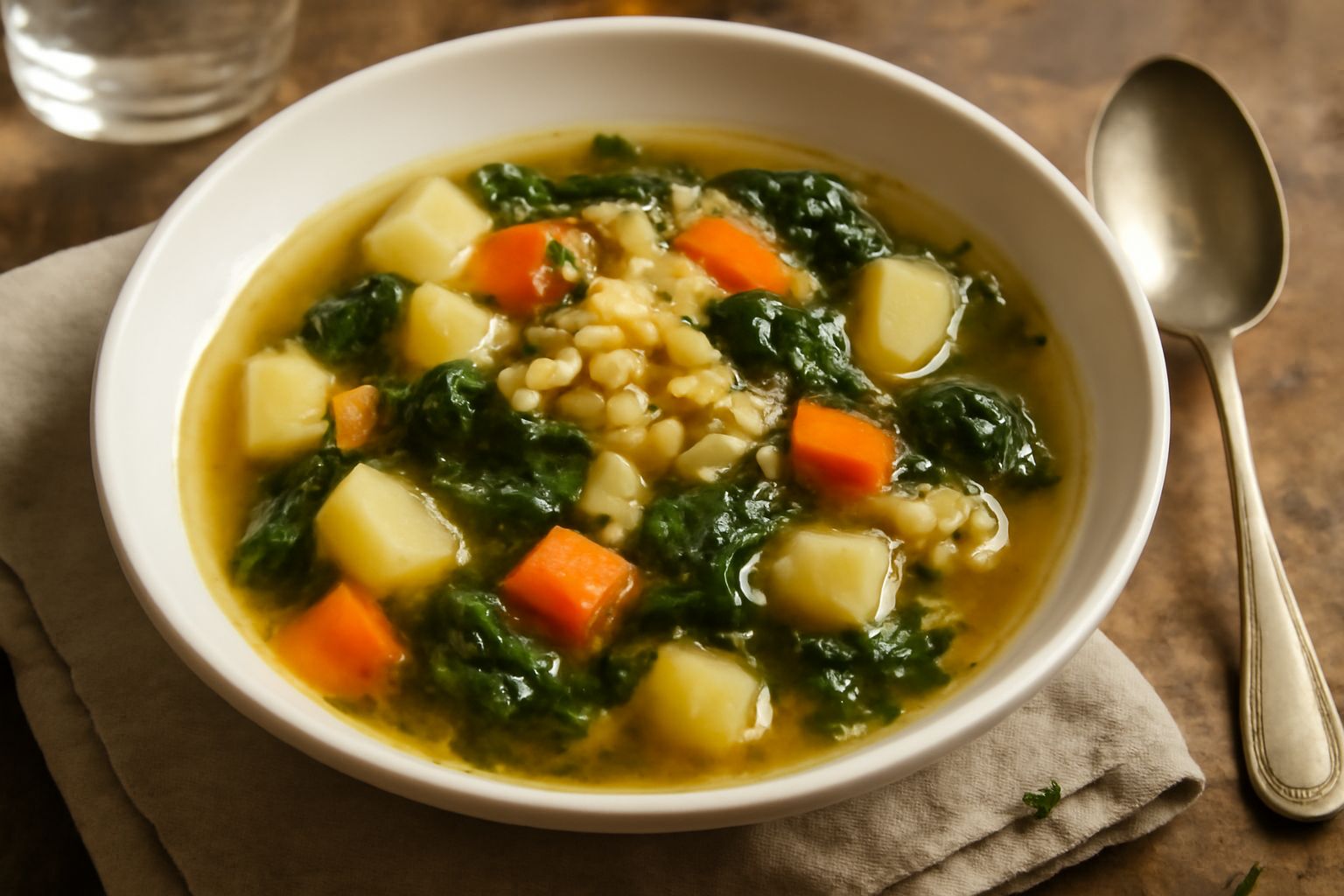 Una ciotola di brodetto fumante con pezzi visibili di verdure miste, pasta piccola, patate e carote tagliate a dadini, brodo dorato e trasparente, servito con un cucchiaio di legno e foglie di prezzem