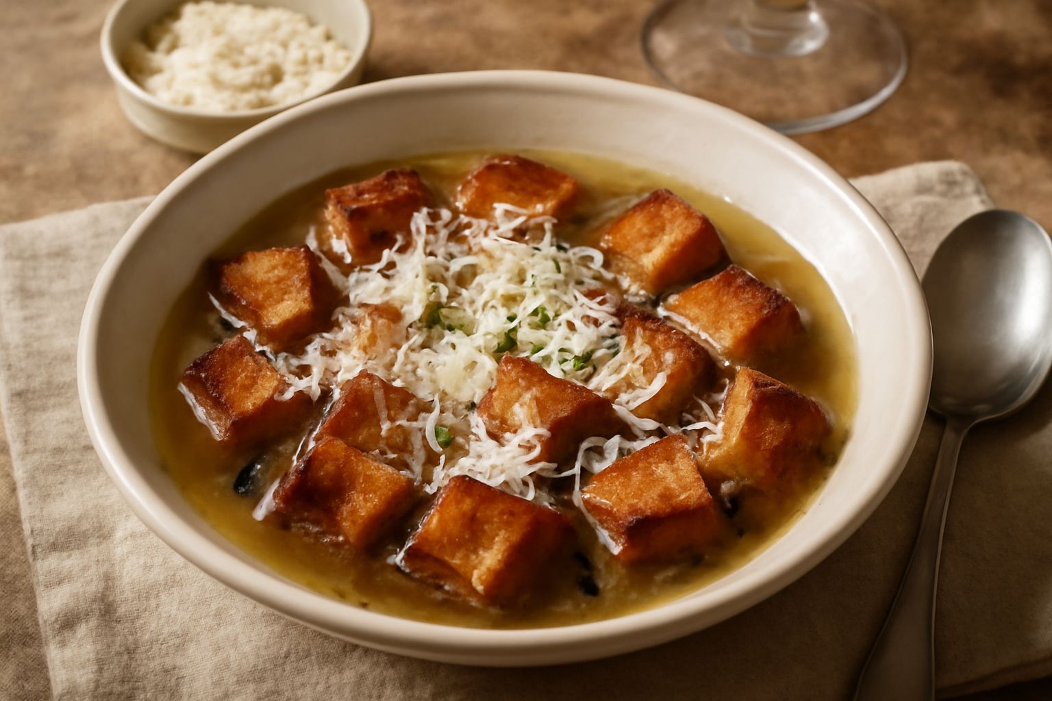 Ciotola di ceramica bianca con brodetto fumante, pezzi di pane dorato e croccante immersi nel brodo chiaro, scaglie di parmigiano giallo e pepe nero, cucchiaio in legno di lato