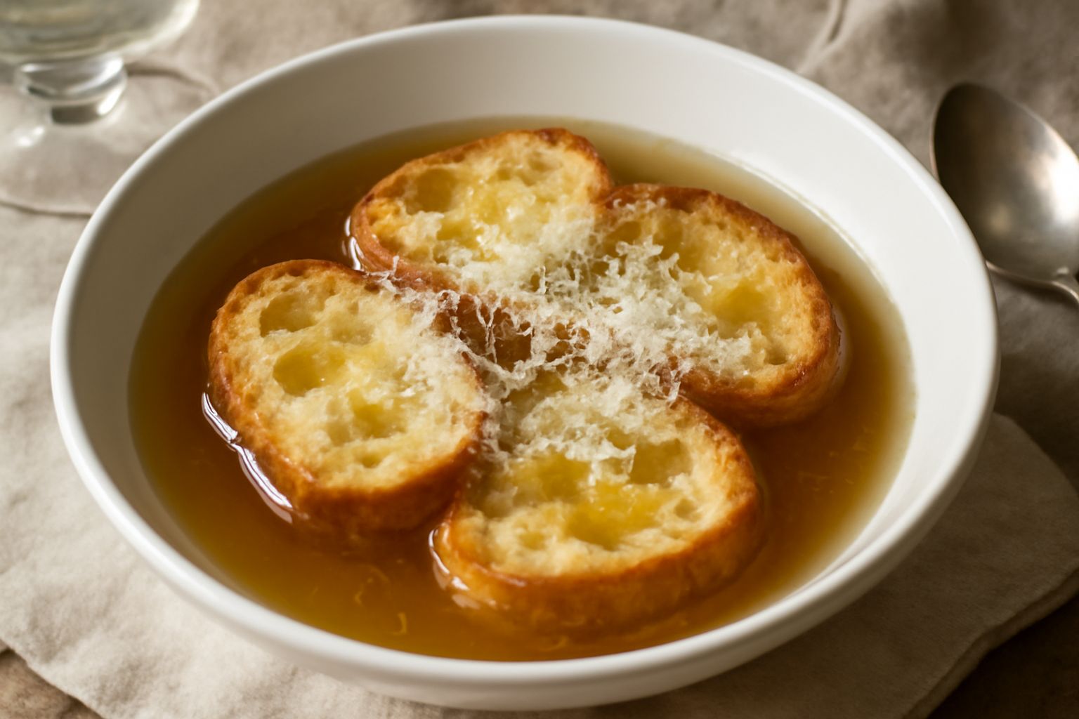 Ciotola di ceramica bianca con brodetto fumante, fette di pane tostato leggermente dorate che galleggiano nel brodo chiaro, grattugia di formaggio giallo sulla superficie, filo di olio d'oliva verde, 