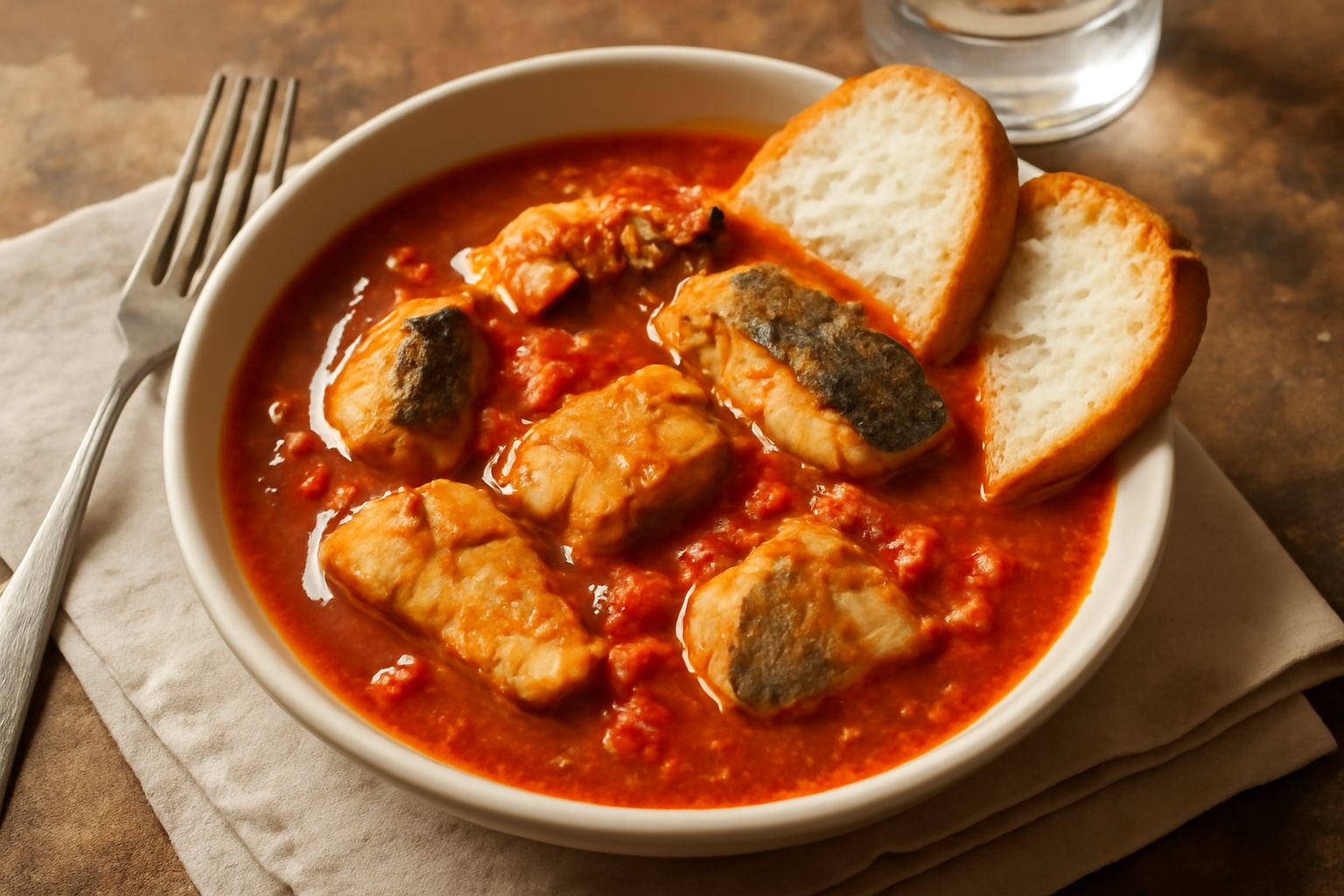 Brodetto crotonese in una ciotola bianca: brodo rosso con pomodori, pezzi di pesce vario e pepe nero, profumato, servito fumante con pane tostato a lato
