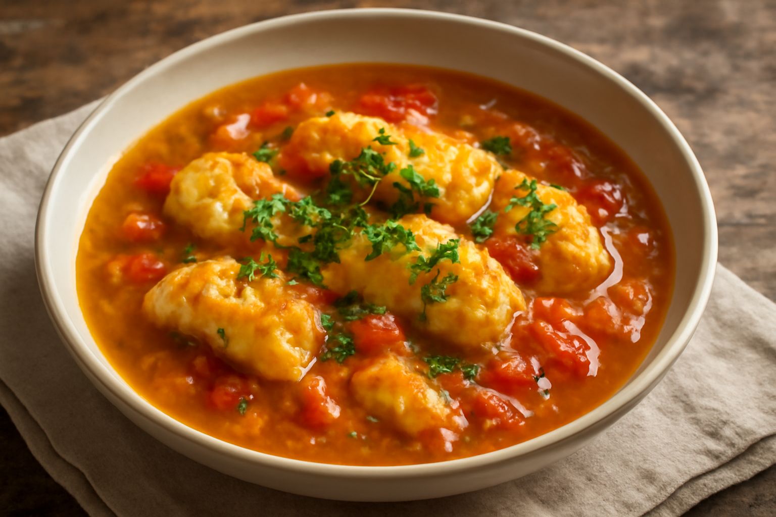 Una ciotola di terracotta colma di brodetto cremoso e denso con pezzi visibili di pesce bianco, verdure arancioni e rosse, finiture di prezzemolo fresco, pane tostato giallo dorato ai bordi della ciot