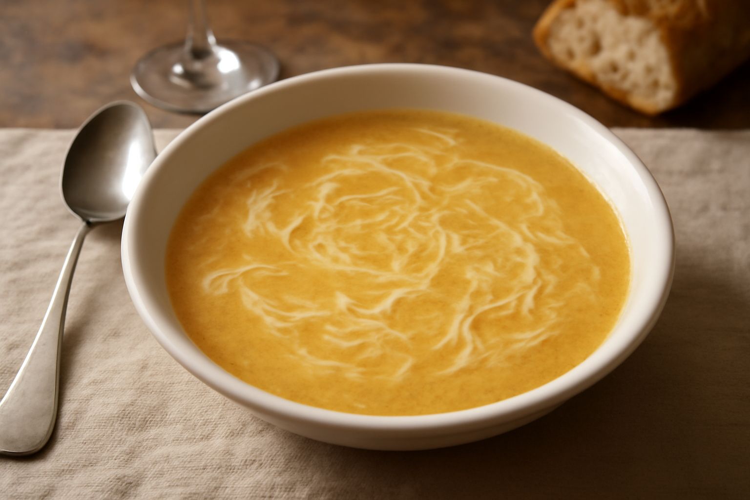 Zuppa di formaggio in ciotola bianca con fili di formaggio filante che fuoriescono dal brodo caldo, guarnita con prezzemolo e pepe nero, servita con pane tostato accanto