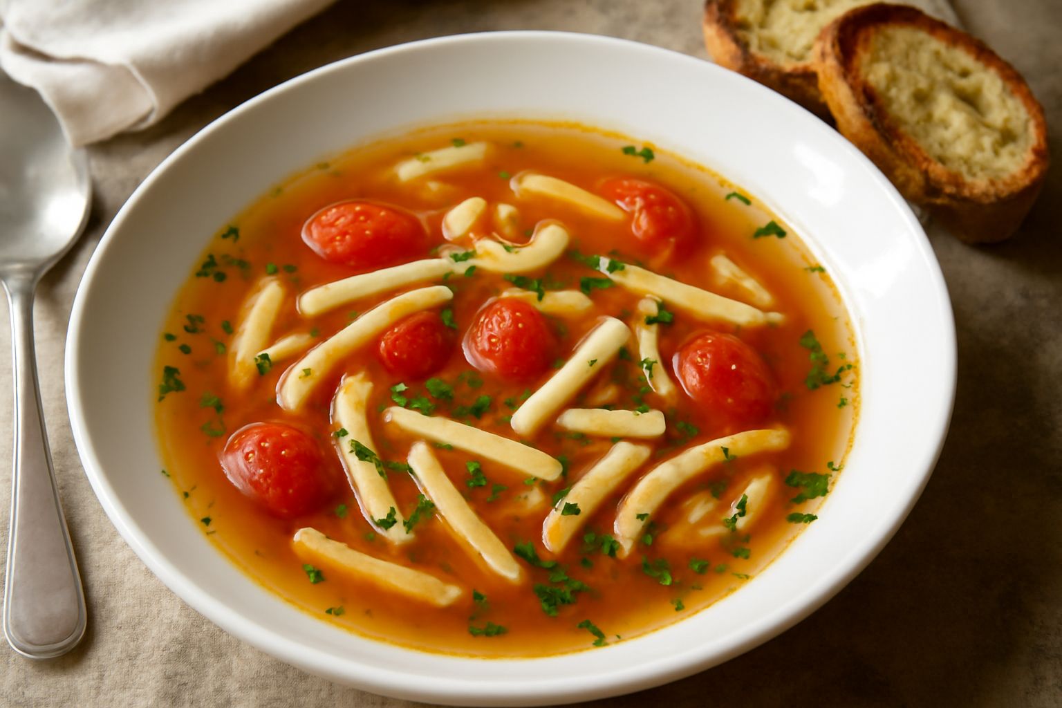 Una ciotola di brodetto de sainas con seppie tagliate a striscie in brodo trasparente, erbette verdi fresche e pomodorini rossi, accompagnato da fette di pane tostato bianco ai lati