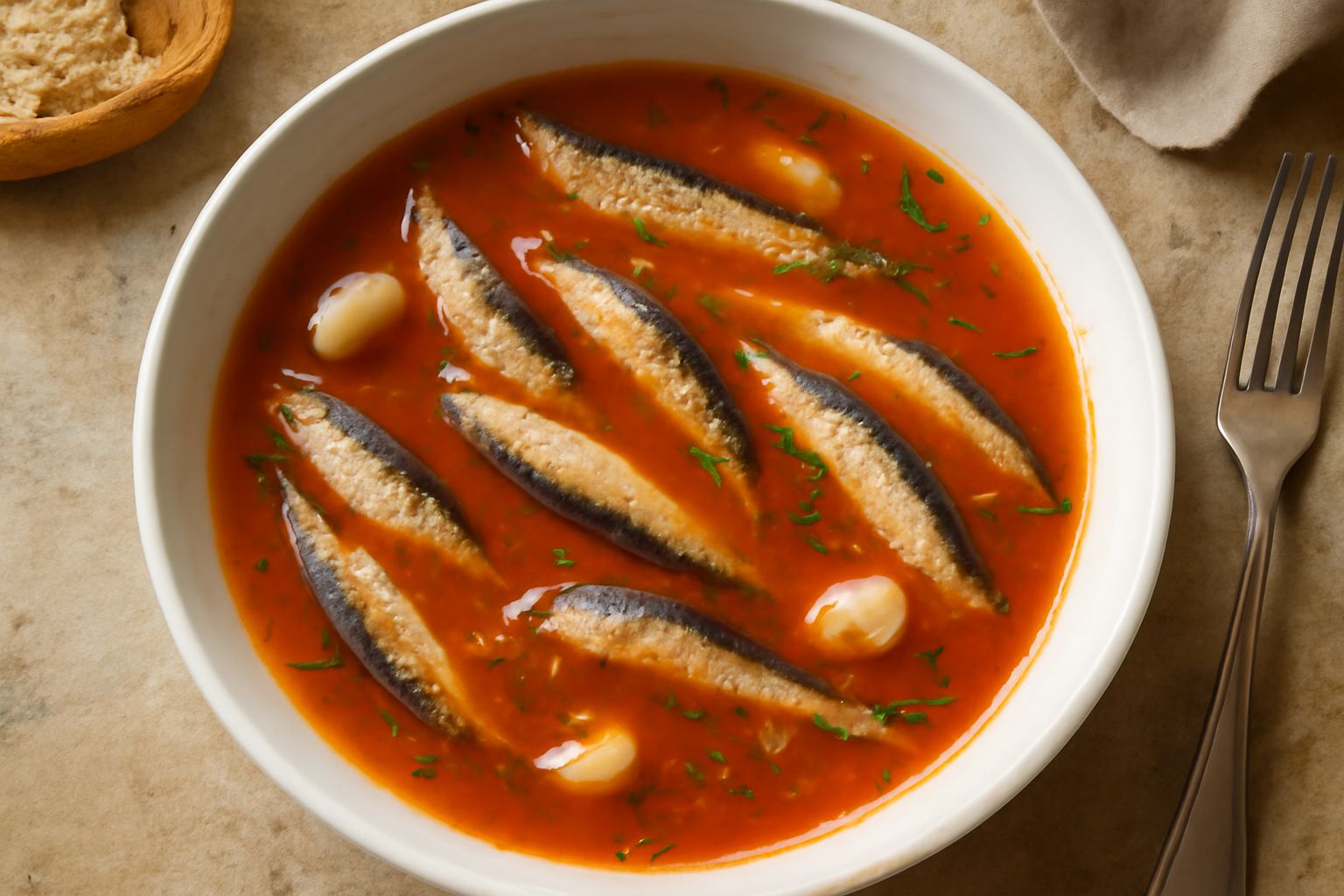 Ciotola di ceramica bianca con brodetto di alici fumante: brodo rosato con alici intere, pepe nero visibile in superficie, fette di pane tostato appoggiate sul bordo, prezzemolo verde fresco sopra