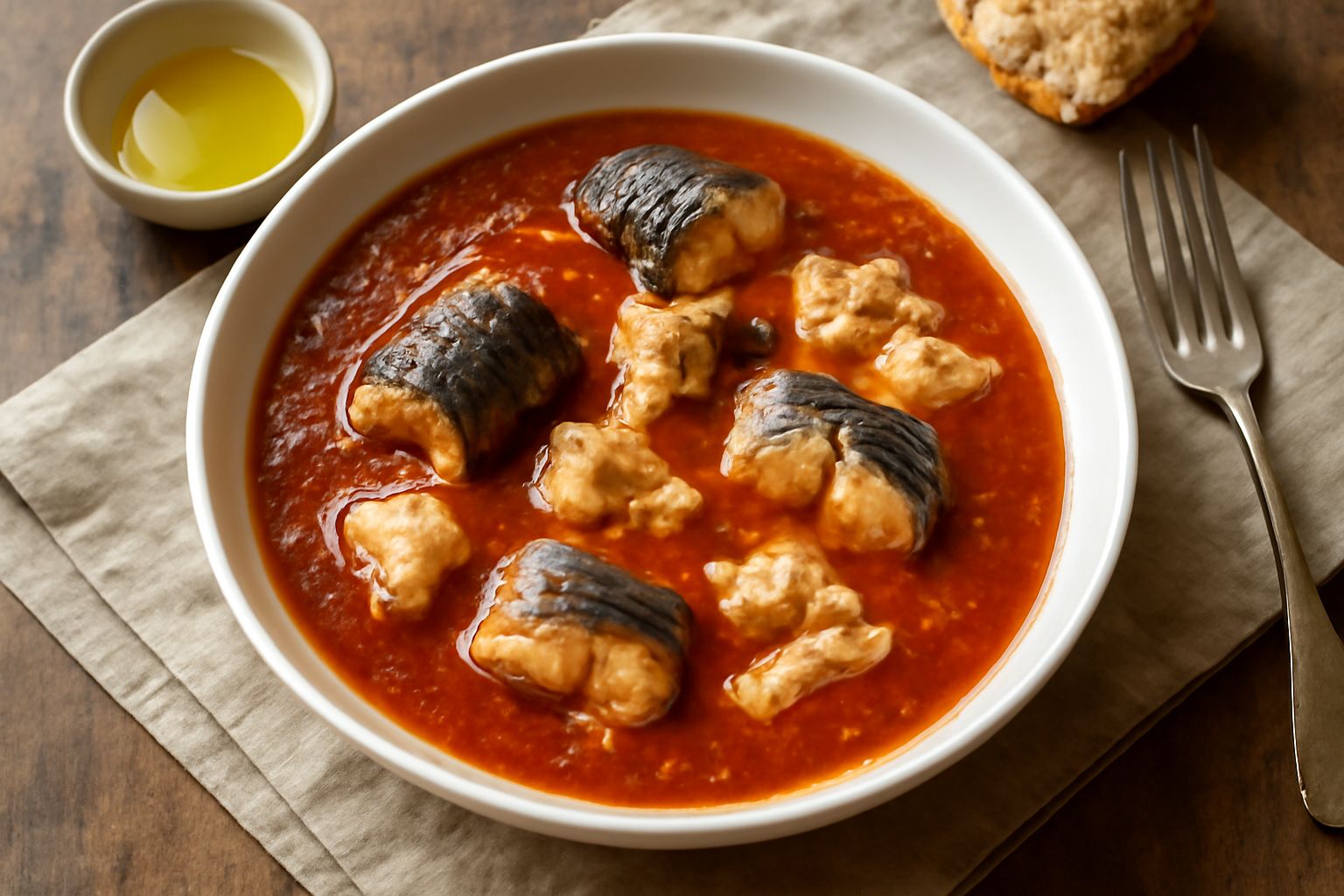 Brodetto di anguilla in ciotola di terracotta bianca, con pezzi di anguilla grigia e bianchi in brodo rosso pomodoro, garnito di prezzemolo fresco, servito su tavolo rustico con pane tostato a lato