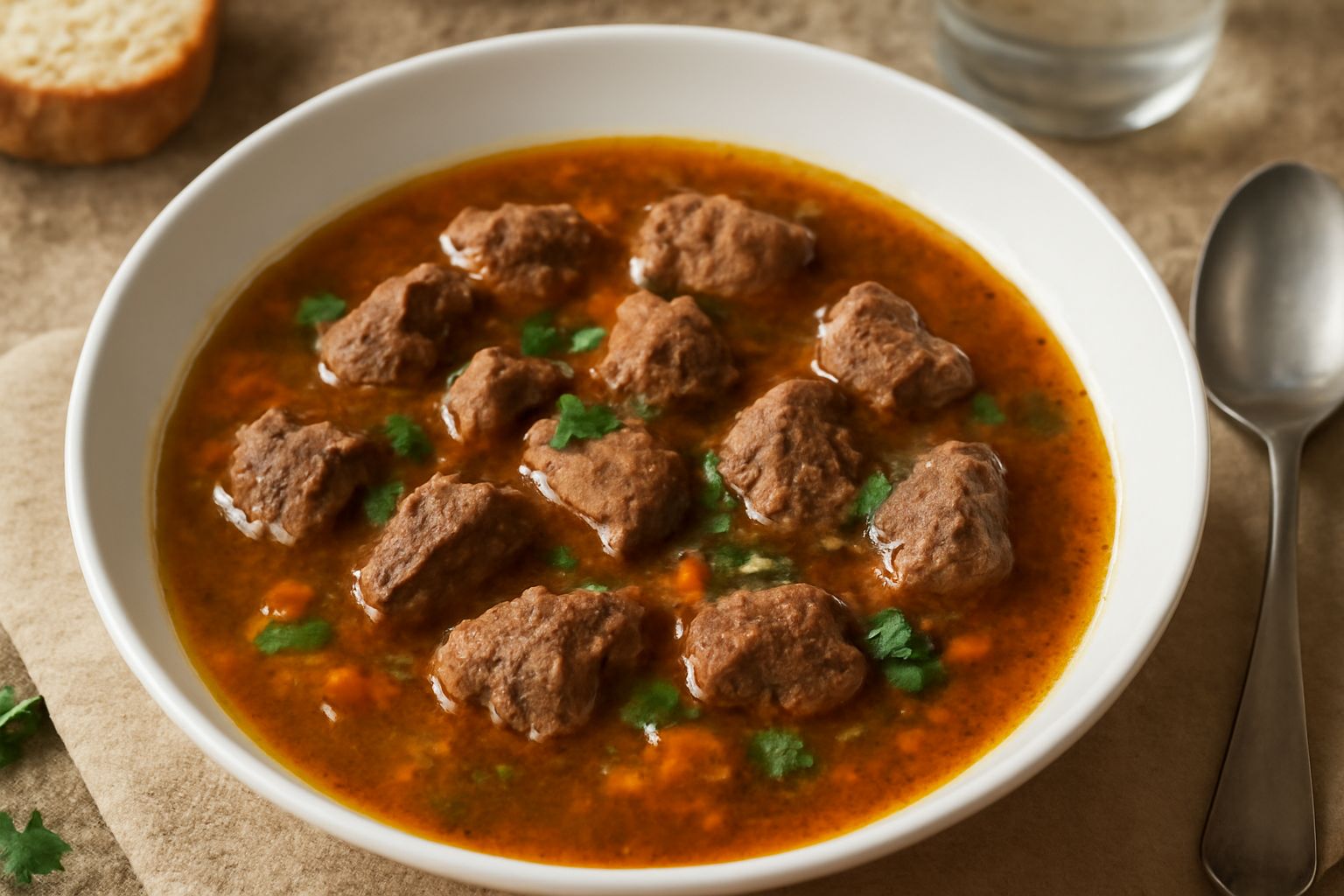 Brodetto di carne in scodella bianca con pezzi di carne visibili, brodo trasparente ambrato, carote e prezzemolo fresco, su tavolo in legno chiaro