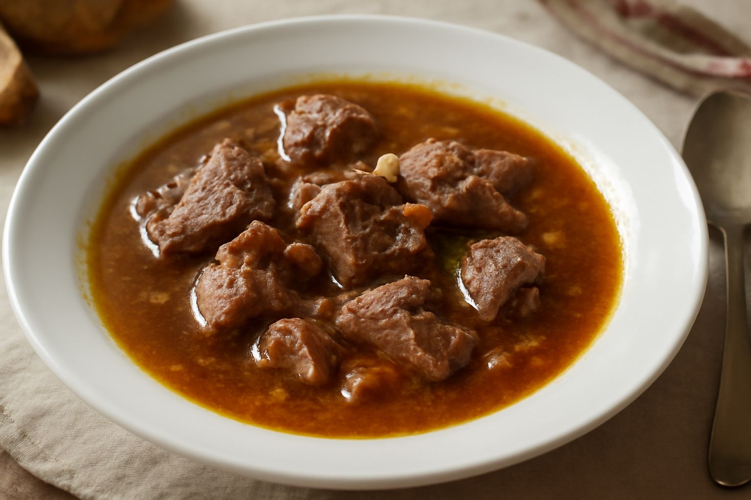 Una zuppiera di ceramica bianca con brodetto di castrato fumante, carne morbida visibile nel brodo ambrato, accompagnato da cipolla e sedano imbionditi