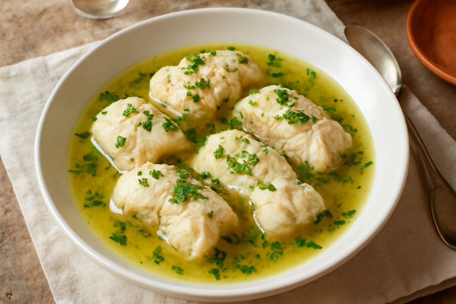 Brodetto di coda di rospo in ciotola bianca fonda: pezzi di pesce bianco opaco immersi in brodo trasparente giallo dorato, guarnito con prezzemolo fresco verde, limone giallo a spicchi sul bordo, pane