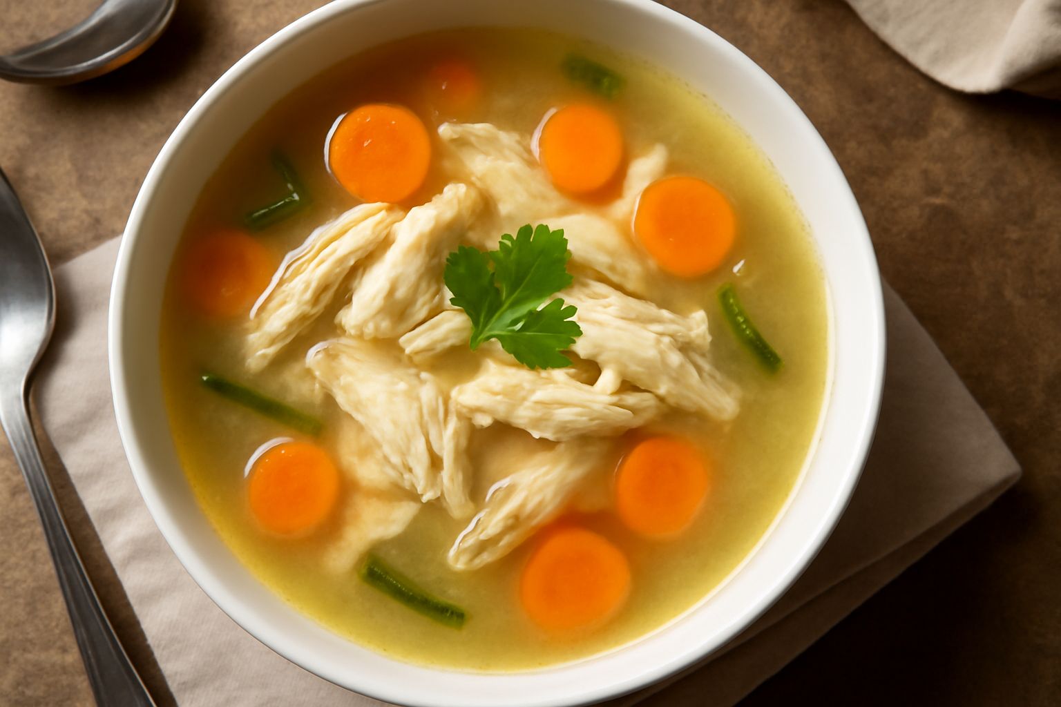 Brodetto di gallina in ciotola bianca profonda, con brodo trasparente dorato, pezzi morbidi di carne bianca, carota arancione e sedano, vapore leggero che sale dal liquido caldo