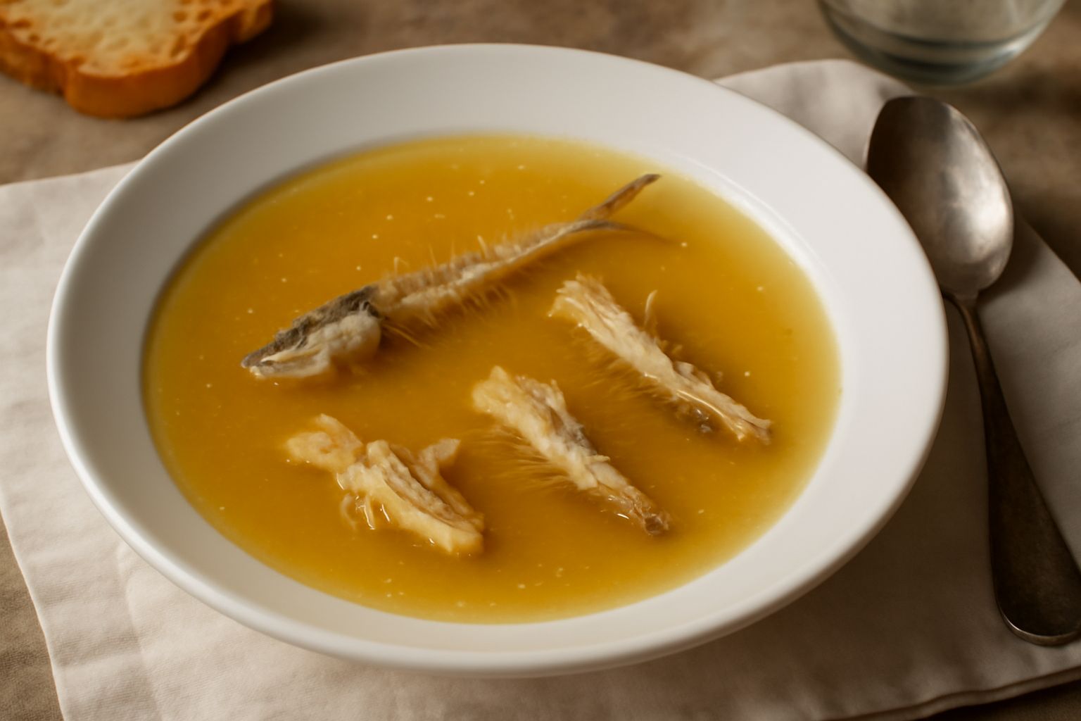 Brodetto di lische in una ciotola bianca trasparente, colore giallo dorato, con gambi di prezzemolo fresco e un filo di olio extravergine in superficie, su un tavolo di legno chiaro