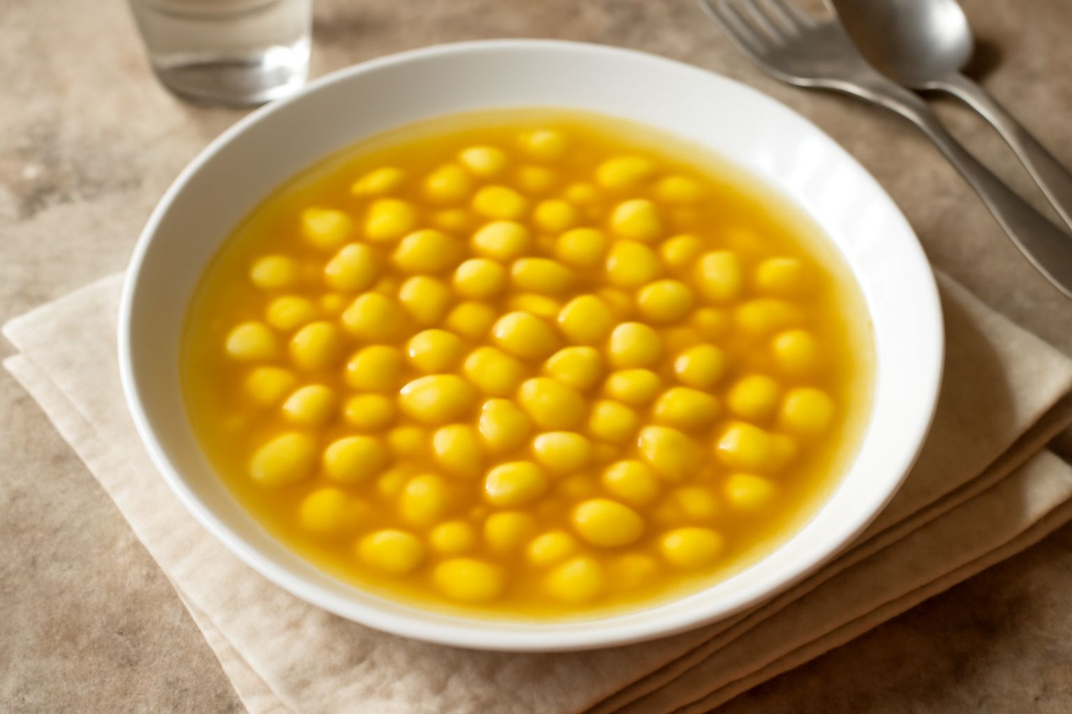 Una ciotola di ceramica bianca contiene brodetto di lupini gialli in brodo trasparente, garnita con prezzemolo fresco e peperoncino rosso, su un tavolo di legno scuro