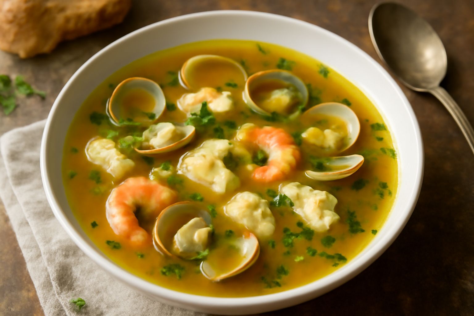 Brodetto di magro in ciotola bianca: brodo trasparente ambrato con pezzi di pesce bianco, vongole aperte, gamberetti e prezzemolo verde, servito su tavolo in terracotta