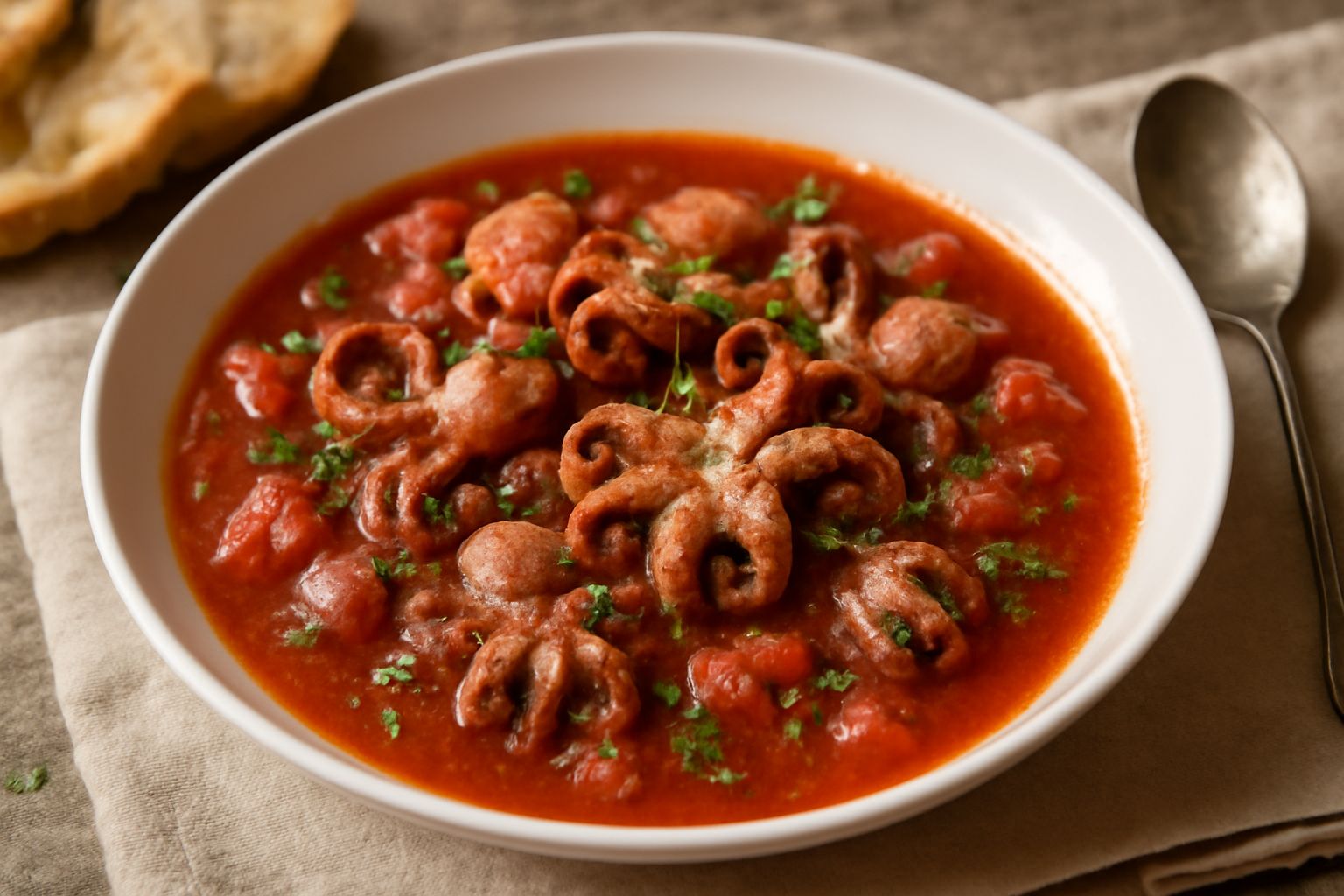 Una ciotola di ceramica bianca con brodetto di moscardini: molluschi piccoli e tenerissimi immersi in un brodo rosso intenso di pomodoro, con fette di pane tostato accanto, erbe verdi di prezzemolo fr