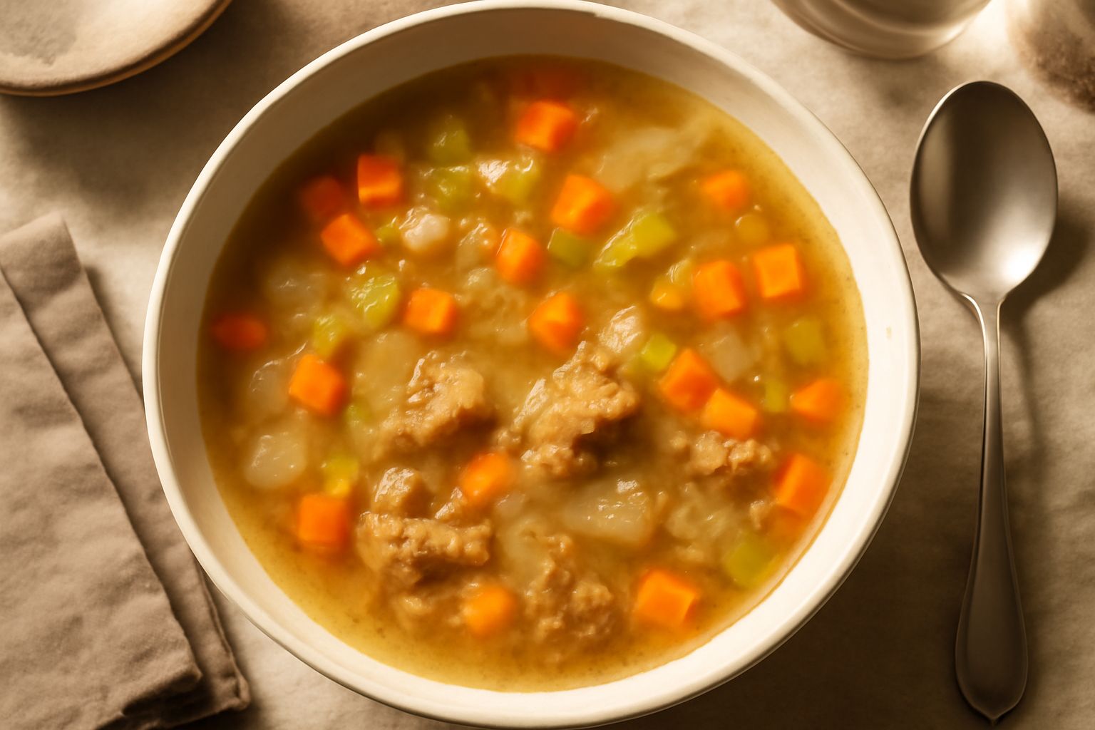 Una pentola di brodetto caldo con ossa visibili, carote arancioni, sedano verde e prezzemolo fresco galleggianti nel brodo dorato e traslucido