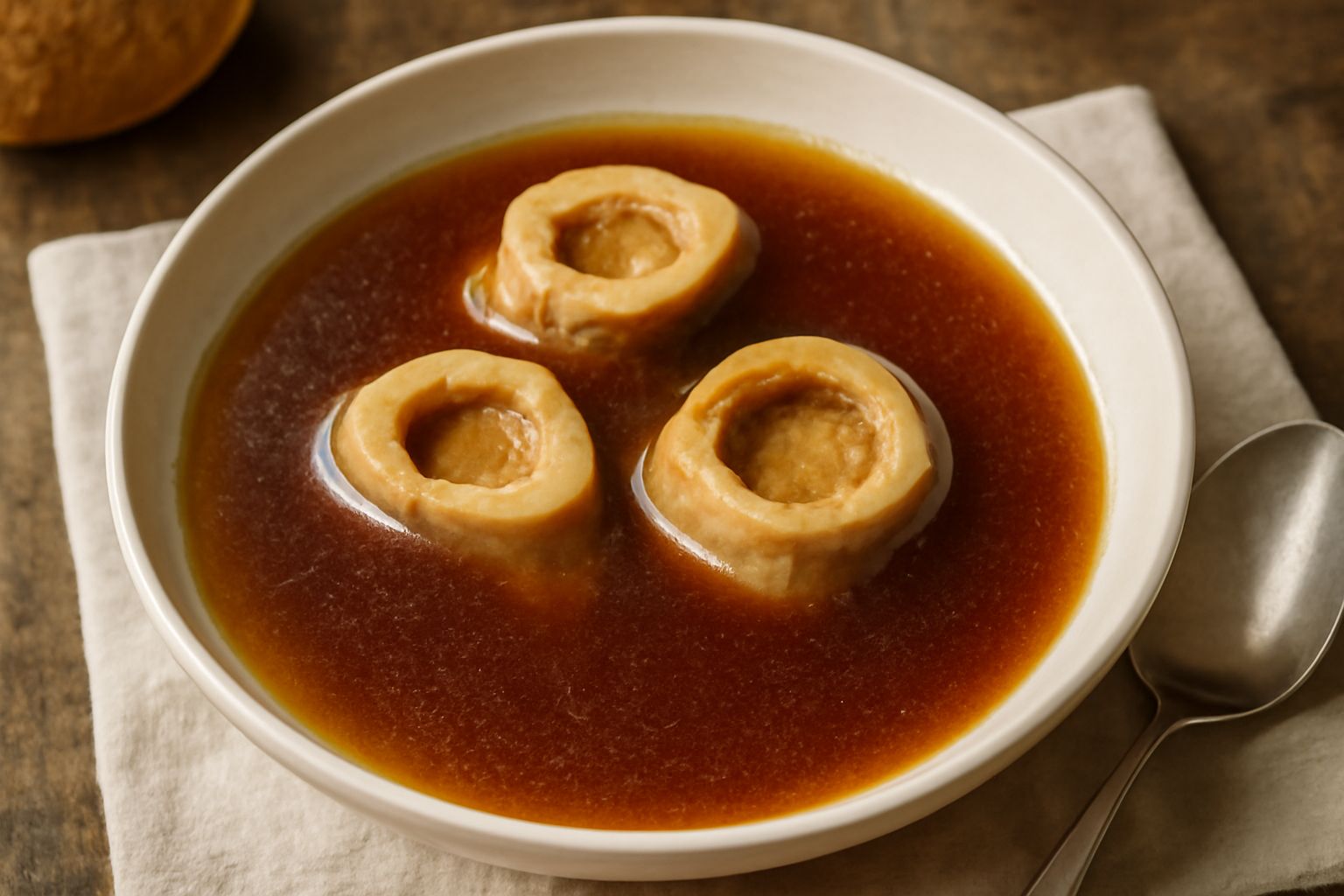 Una ciotola di brodetto color ambra dorato, denso e trasparente, servito in una tazza bianca con manici, accompagnato da fette di pane tostato su un piatto grigio. Il brodo è fumante, con piccole boll