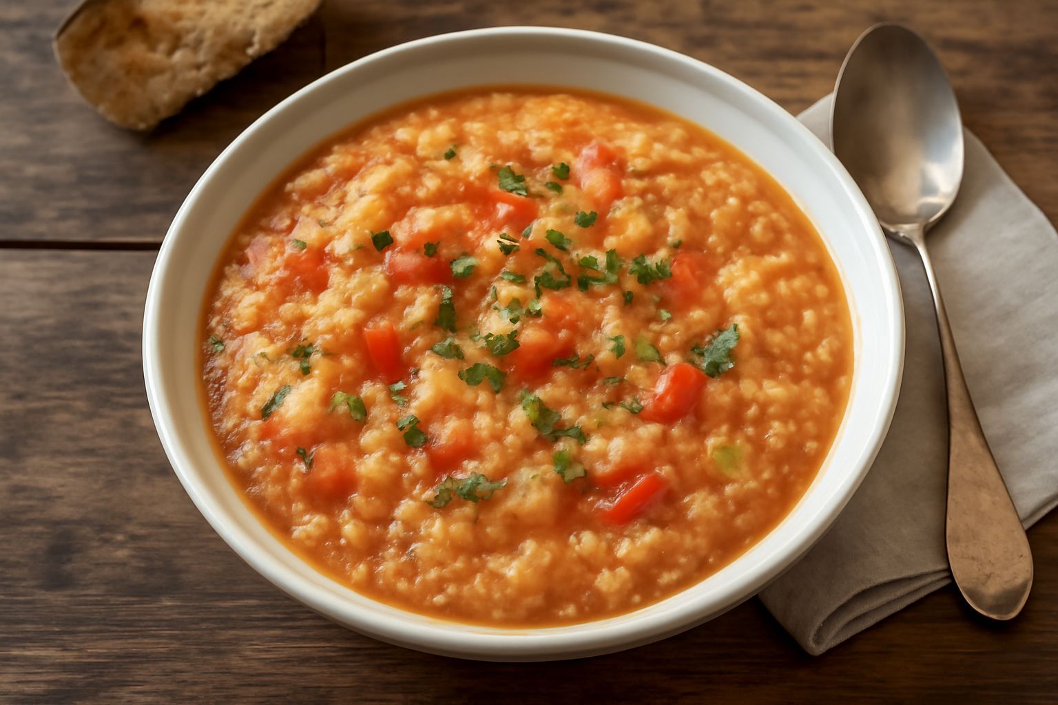 Ciotola di ceramica bianca con brodetto di pane: brodo caldo ambrato con pezzi di pane morbido, cubetti di pomodoro rosso, verdure soffritte, prezzemolo verde fresco in superficie, servito con cucchia