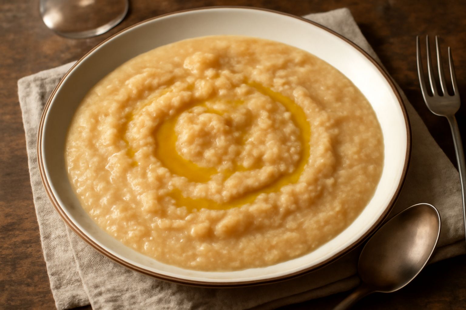 Brodetto di pane raffermo in ciotola bianca: zuppa cremosa beige con fette di pane ammorbidite, rosmarino fresco e filo di olio d'oliva dorato in superficie