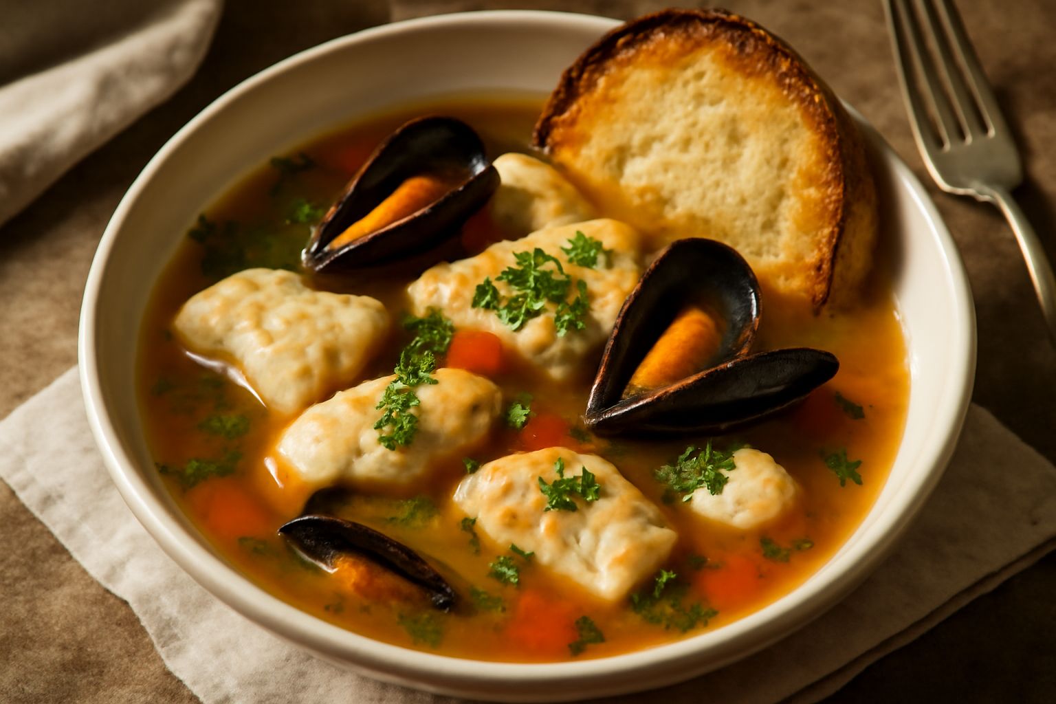 Ciotola di ceramica bianca con brodetto di pesce: brodo trasparente ambrato, pezzi di pesce bianco, cozze aperte, pomodoro rosso, prezzemolo fresco verde, fetta di pane tostato al bordo