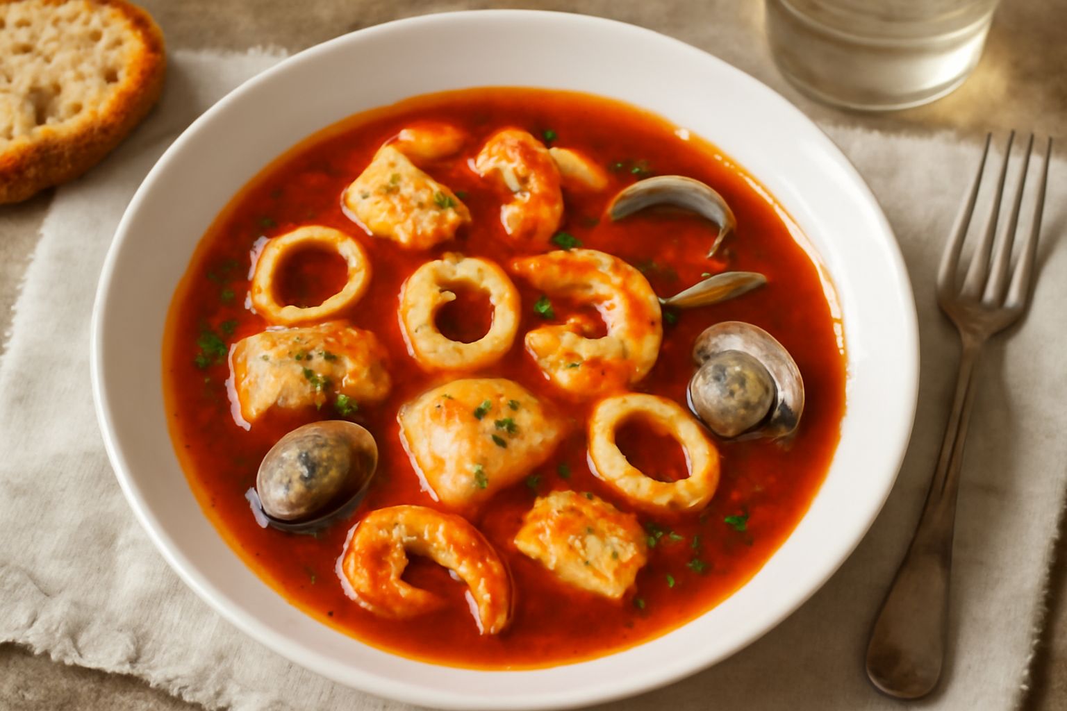 Brodetto di pesce in una ciotola bianca fonda, brodo rosso scuro con pezzi di pesce, calamari e crostacei visibili, servito con fette di pane tostato a bordo
