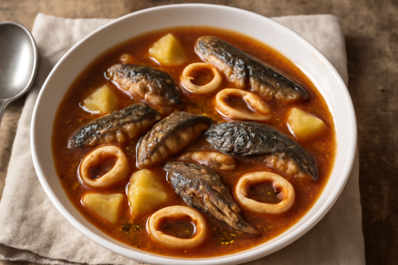 Brodetto di pesce in piatto fondo bianco con brodo rosso brunastro, pezzi di pesce, calamari e patate visibili, olio d'oliva in superficie, contorno di pane tostato sul bordo del piatto