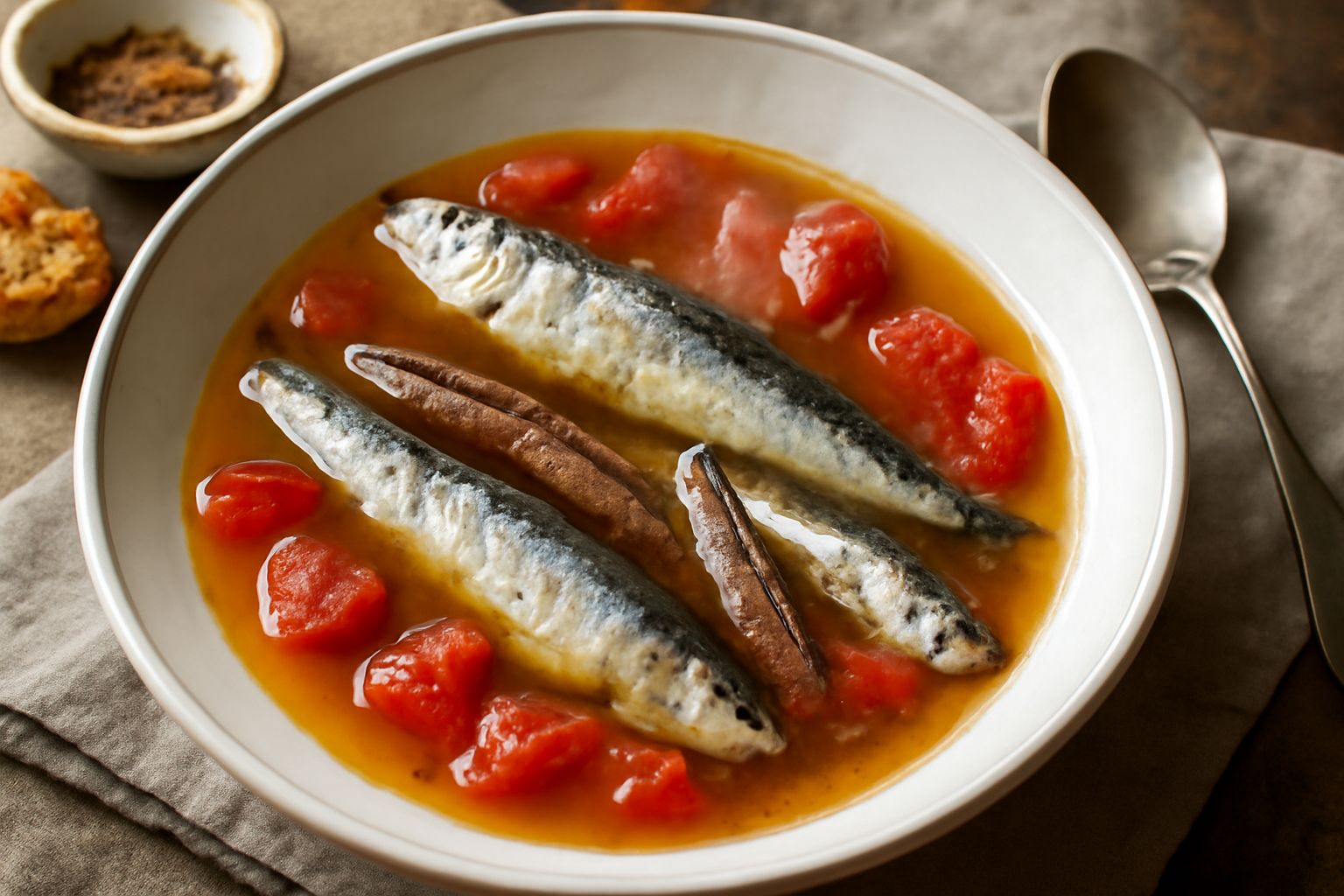 Brodetto di pesce azzurro in ciotola bianca con alici e sardine intere, brodo trasparente e caldo, foglie di prezzemolo verde, pane tostato accanto, vapore leggero sulla superficie