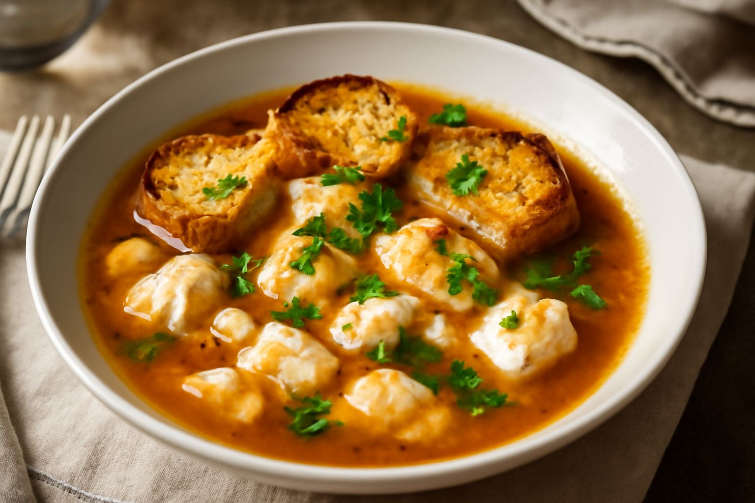 Brodetto di pesce in ciotola bianca: brodo ambrato con pezzi di pesce bianco, crostini di pane tostato galleggianti, prezzemolo fresco verde, fondo rosso in cucina tradizionale