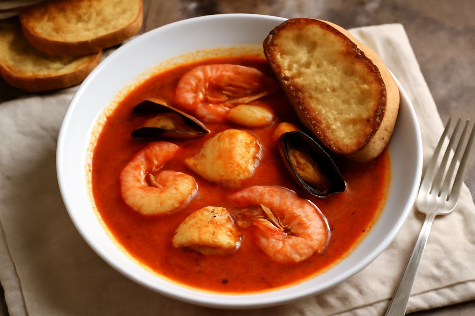 Ciotola di brodetto di pesce rosso con pezzi di pesce bianco e pomodori, accompagnato da fette di pane tostato dorate appoggiate sul bordo della ciotola, prezzemolo fresco e limone sul tavolo di legno