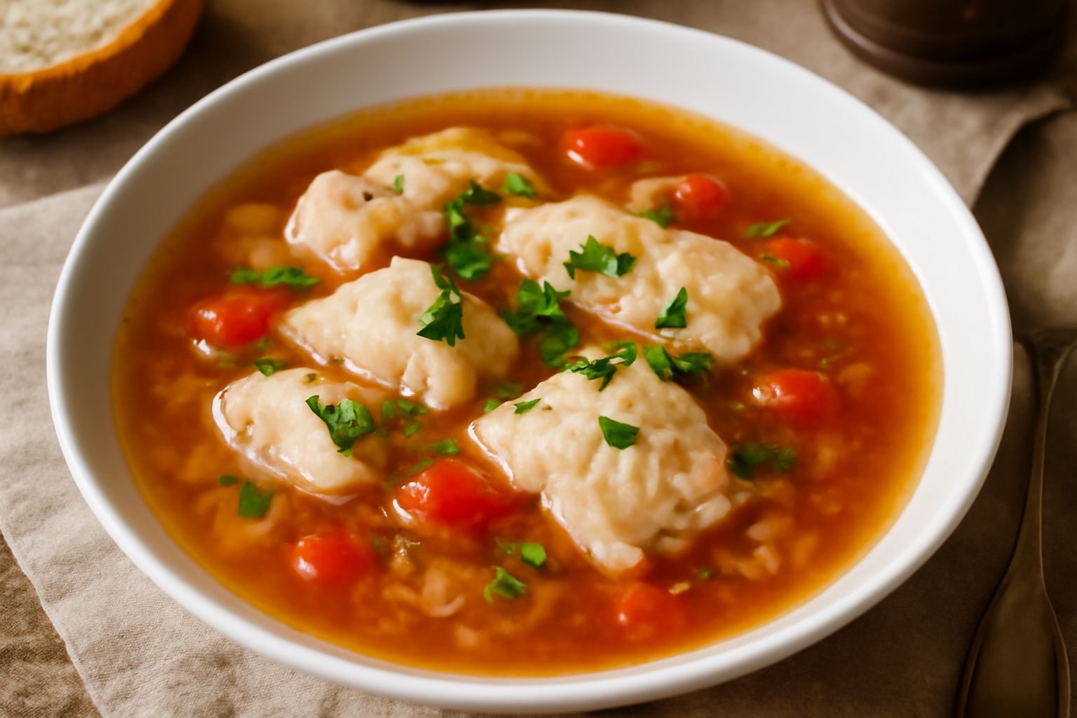 Una ciotola larga di brodetto caldo con pezzi di pesce bianco che galleggiano in brodo trasparente color ambra, cubetti di pomodoro rosso, cipolla bianca, una fogliolina di prezzemolo verde sulla supe