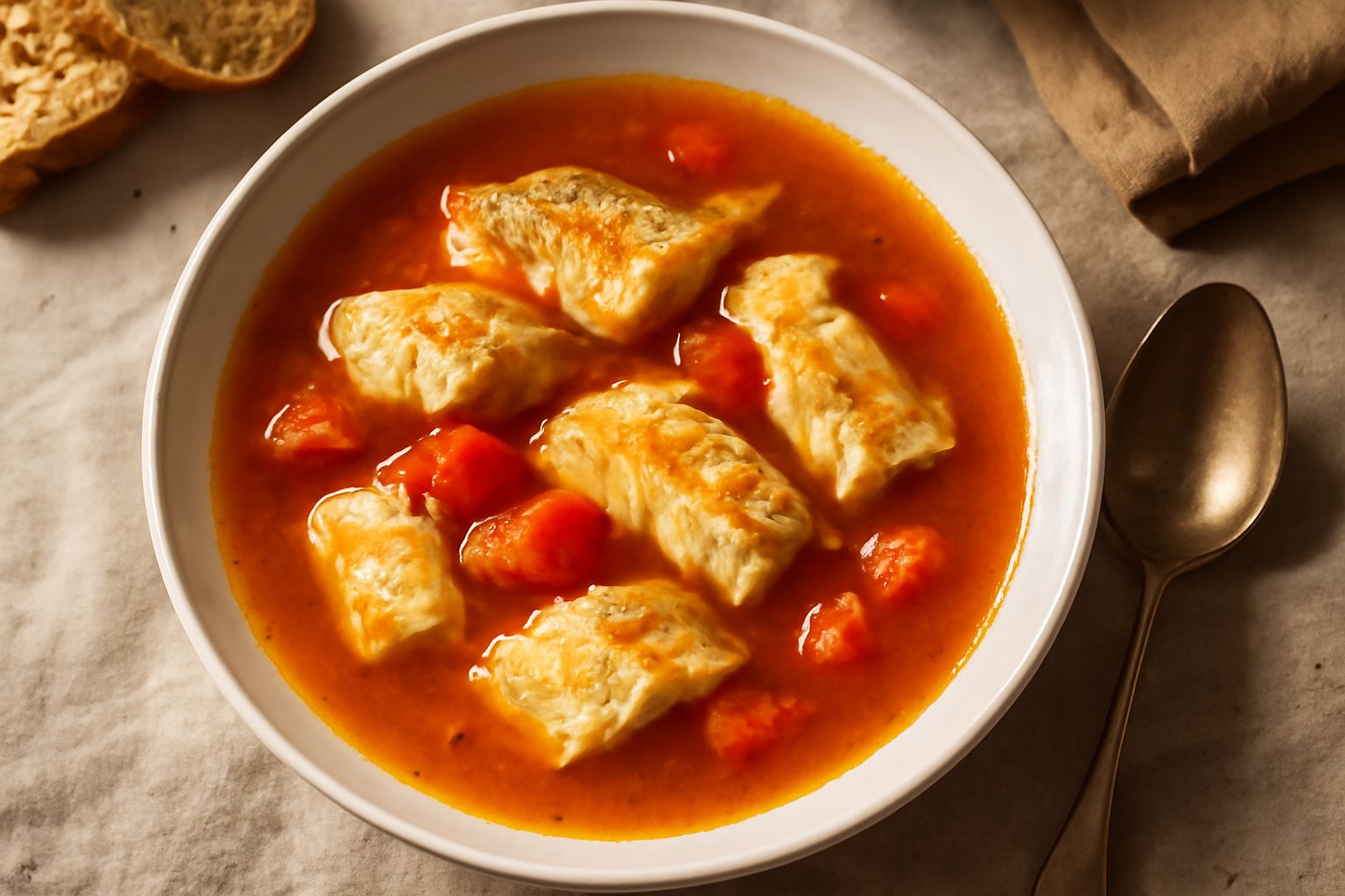 Una pentola di brodetto di pesce di fiume fumante con pezzi di pesce bianco, pomodori rossi, sedano e prezzemolo fresco in superficie, su piatto di ceramica bianca profonda
