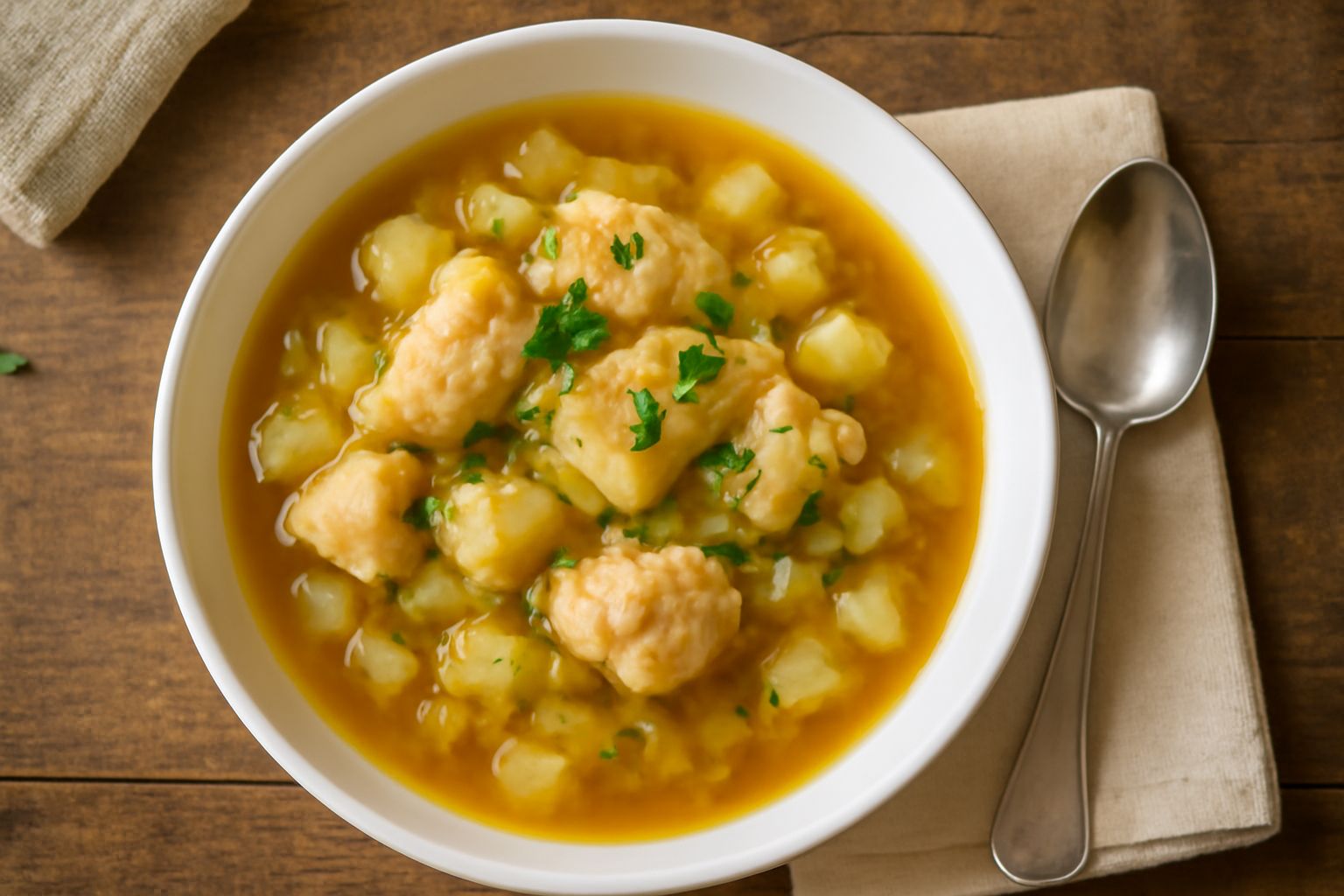 Brodetto fumante in ciotola di ceramica bianca con filetti di pesce bianco, patate dorate a dadini, brodo trasparente e ambrato, pepe nero in superficie, sedano e prezzemolo fresco sul bordo