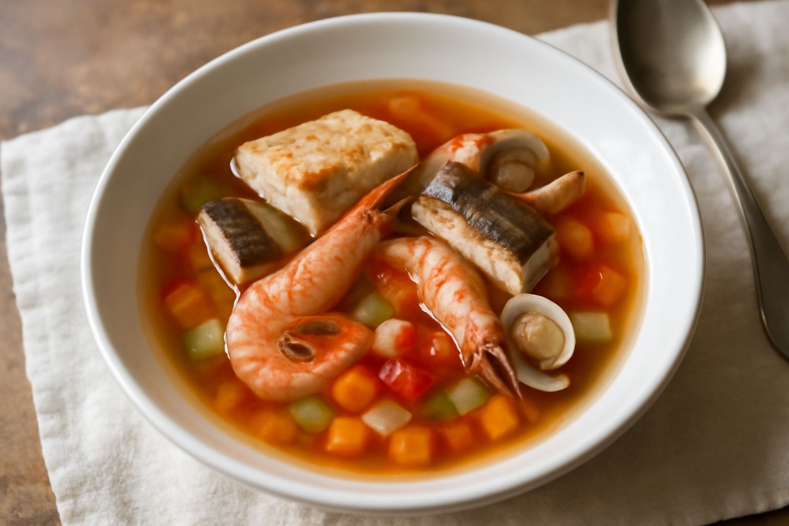 Brodetto di pesce freddo in ciotola bianca: brodo trasparente color ambrato, filetti di pesce bianco, gamberetti rosa, cubetti di verdure arancioni e verdi, foglie di prezzemolo fresco, servito con pa