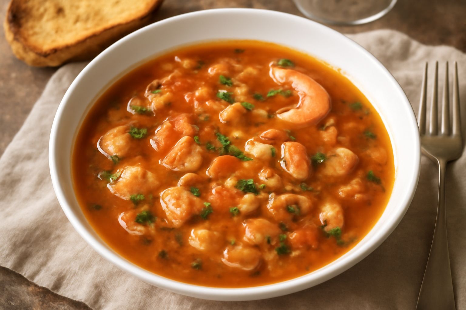 Ciotola di brodetto di pesce misto con frammenti di pesce bianco, pomodoro rosso in brodo trasparente ambrato, fettine di pane tostato ai lati, prezzemolo fresco verde sparso in superficie