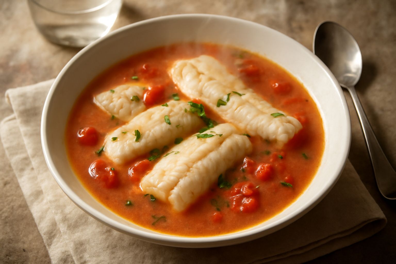 Ciotola di brodetto con filetti di pesce persico bianchi e morbidi, brodo rosato con pomodoro fresco, prezzemolo verde sparso in superficie, servito in piatto fondo bianco con cucchiaio di legno accan