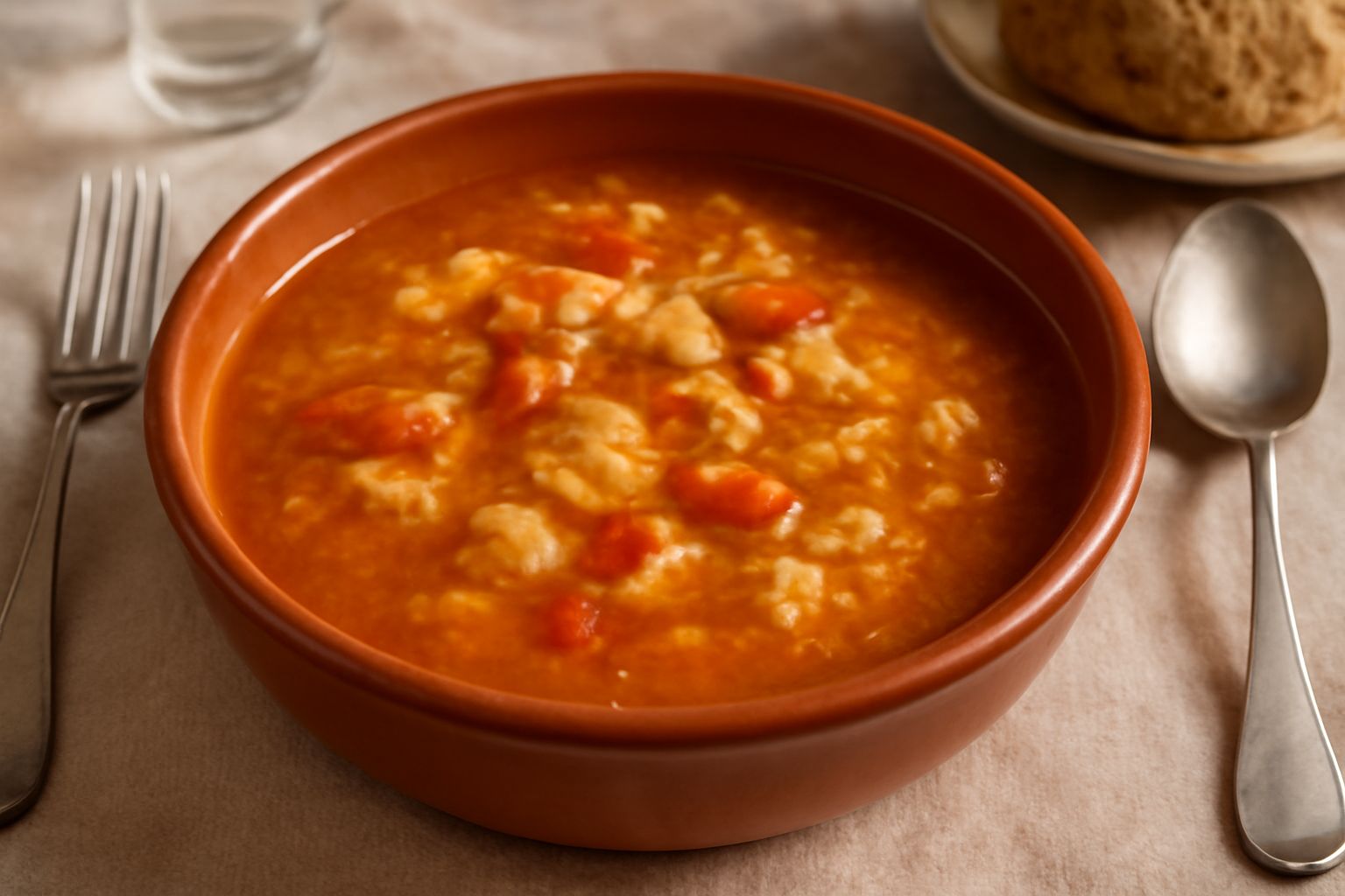 Ciotola di brodetto di pesce con brodo arancio dorato, pezzi di pesce bianco visibili, pomodoro rosso, aglio, prezzemolo verde fresco sparso in superficie, servito su tavolo di legno con pane tostato 