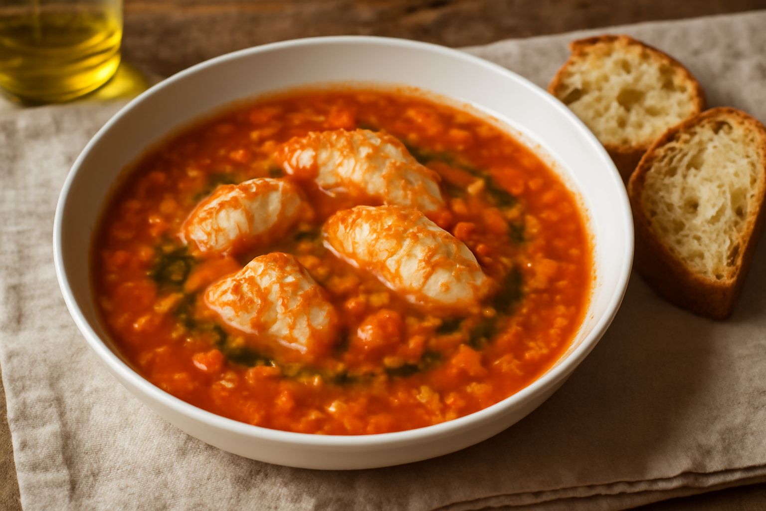 Brodetto di pesce in ciotola bianca con dadi di pesce bianco, pomodori rossi, cipolla morbida, olio verde in superficie, fette di pane tostato ai bordi, vapore leggero, fondo rustico in legno
