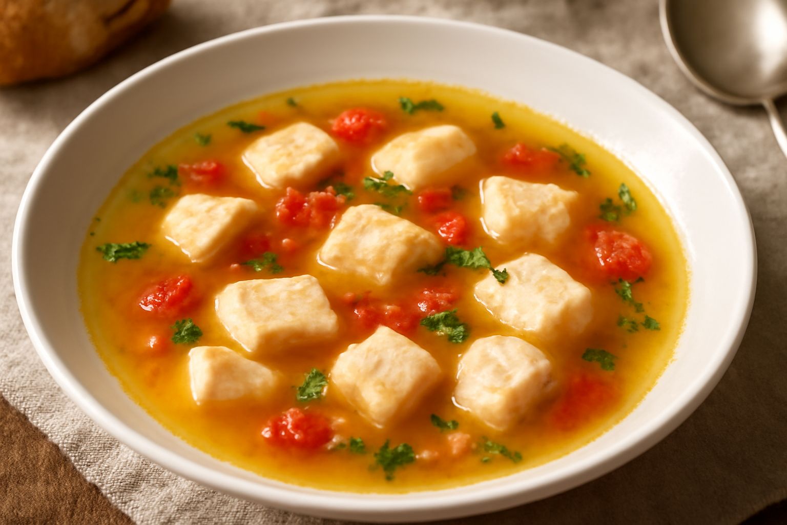 Brodetto di pesce spada servito in una terrina bianca, brodo trasparente e dorato con pezzi di pesce spada bianco opaco, dadi di pomodoro rosso, fettine di aglio dorate e prezzemolo fresco verde sulla